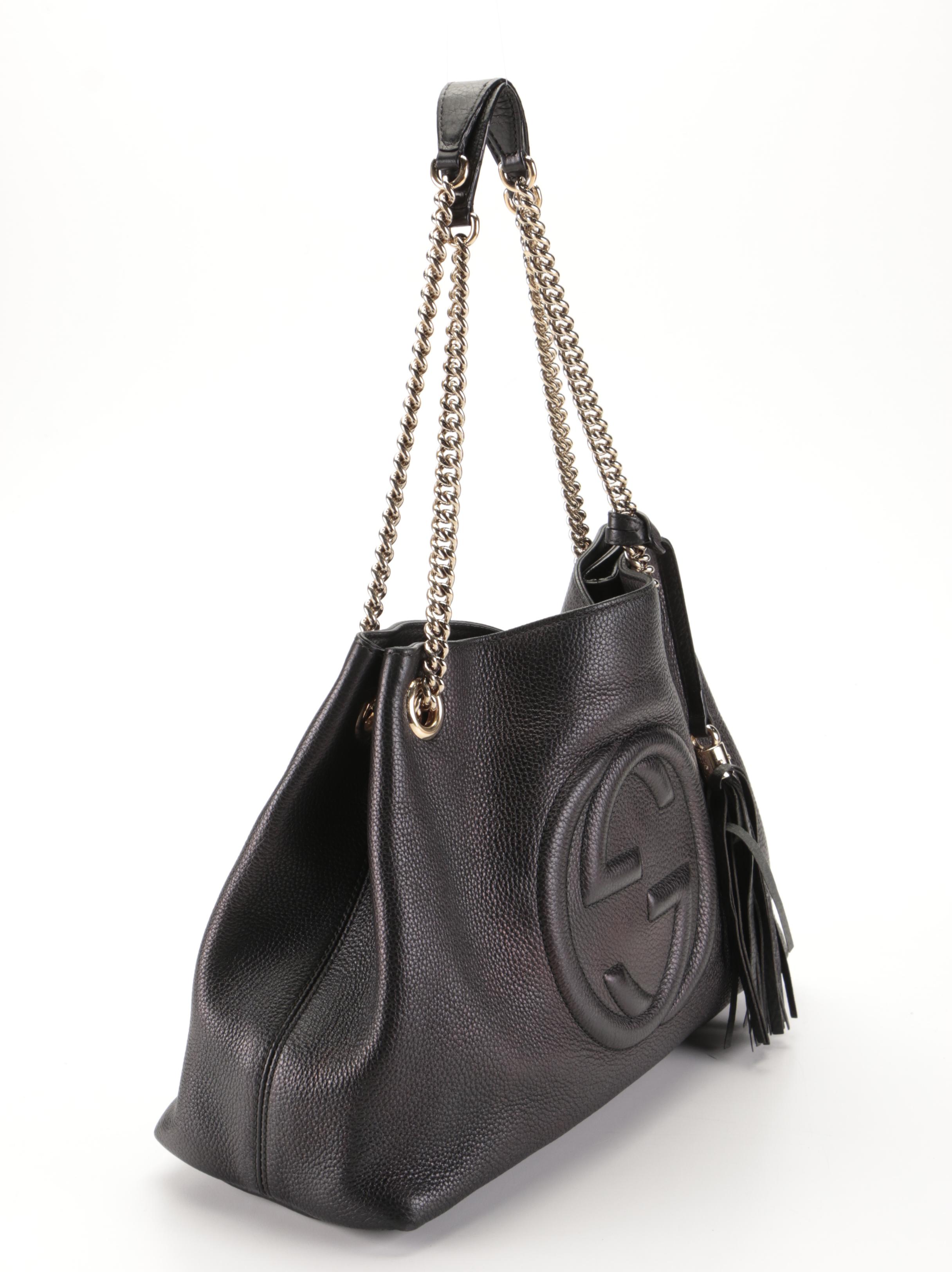 Gucci Soho Chain Strap Shoulder Bag in Black Grained Leather with Tassel