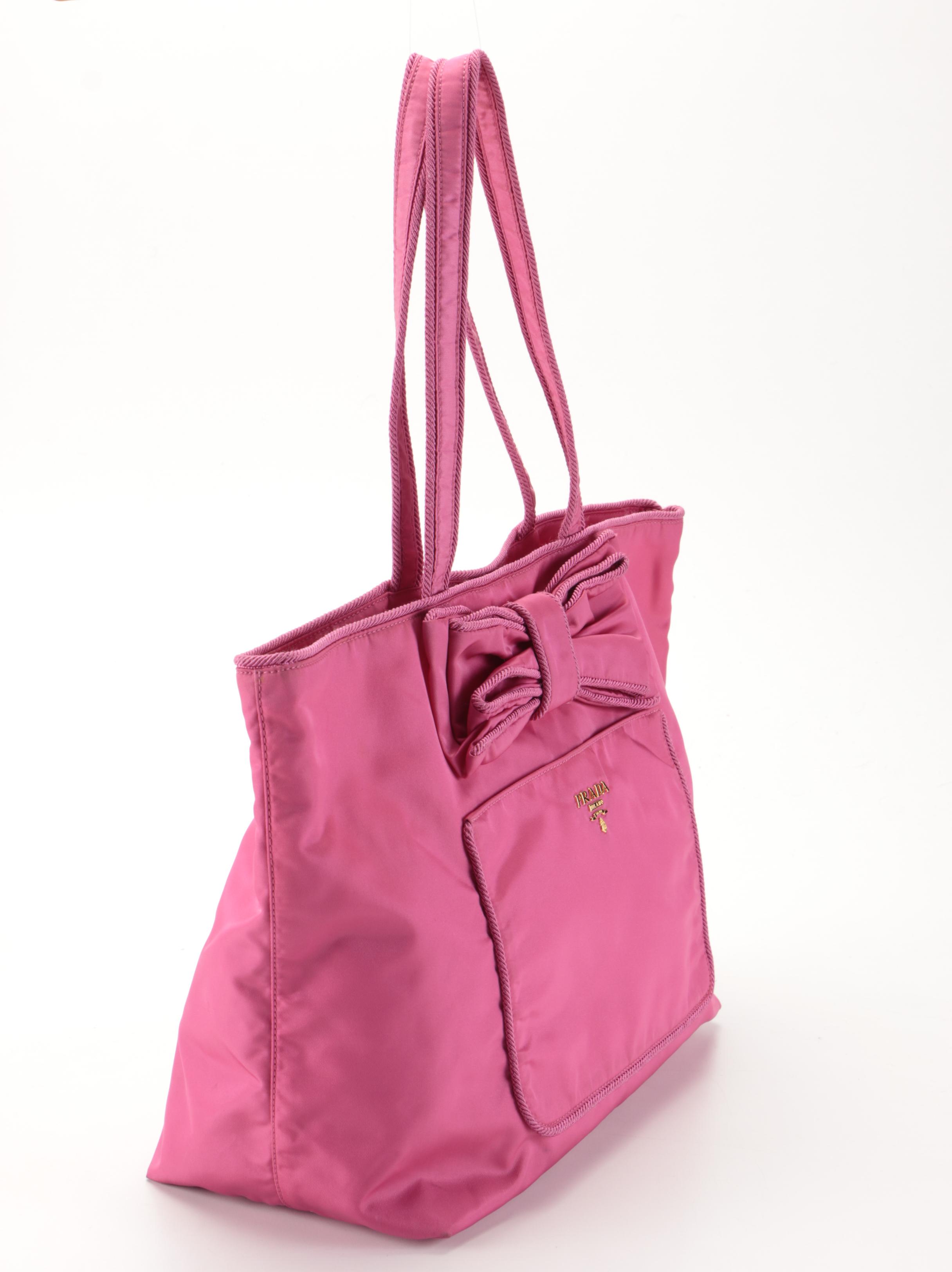 Prada Bow-Embellished Front-Pocket Shoulder Tote in Fuchsia Nylon Gabardine