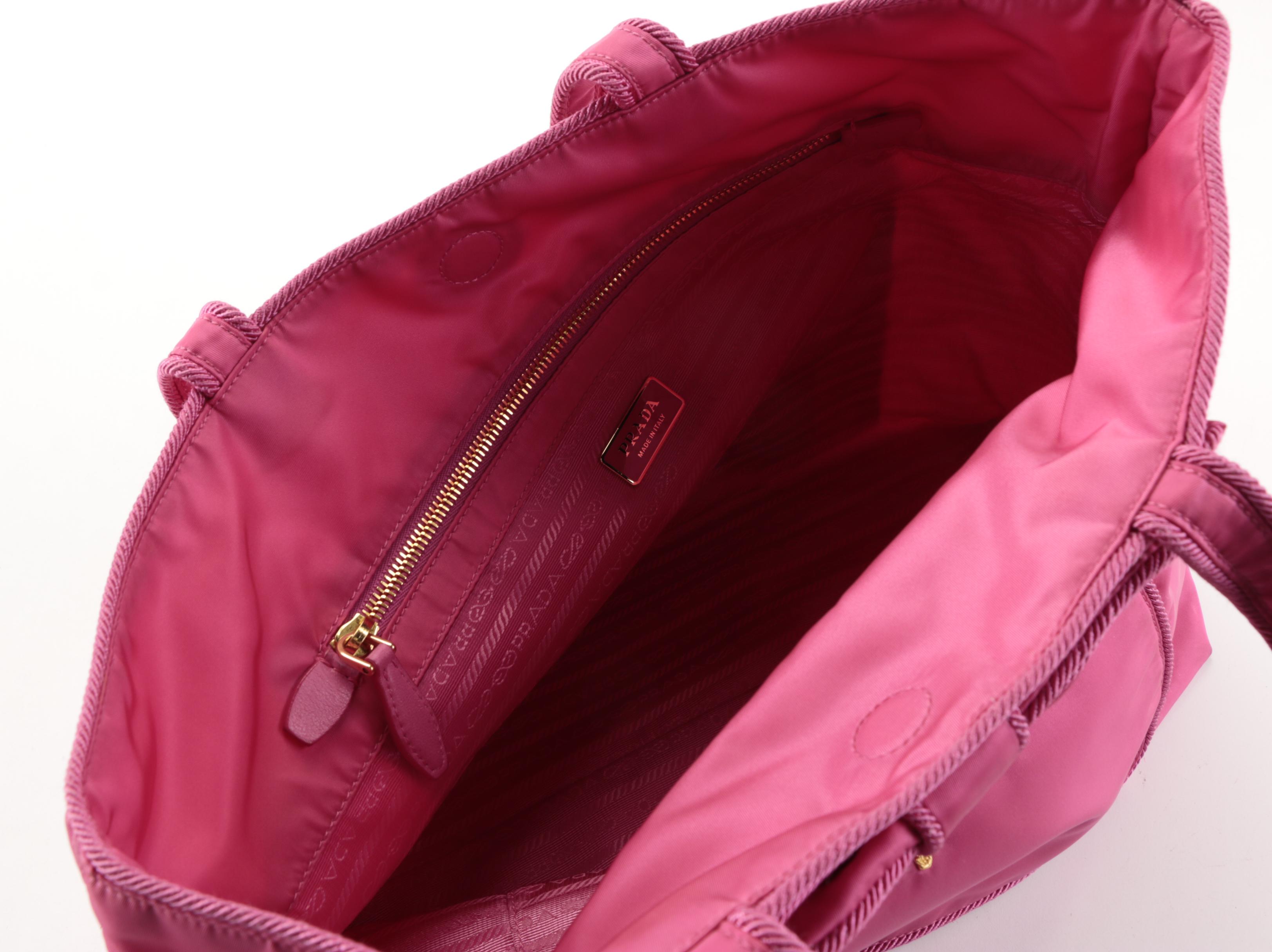 Prada Bow-Embellished Front-Pocket Shoulder Tote in Fuchsia Nylon Gabardine