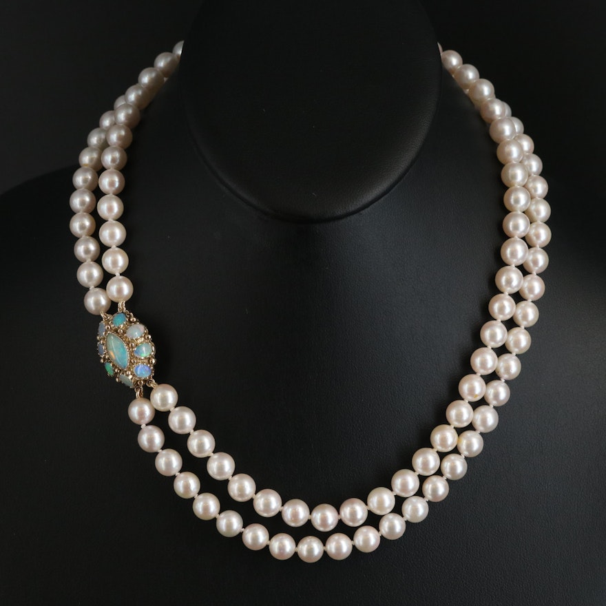 Vintage Pearl Double Strand Necklace with 14K Opal Clasp