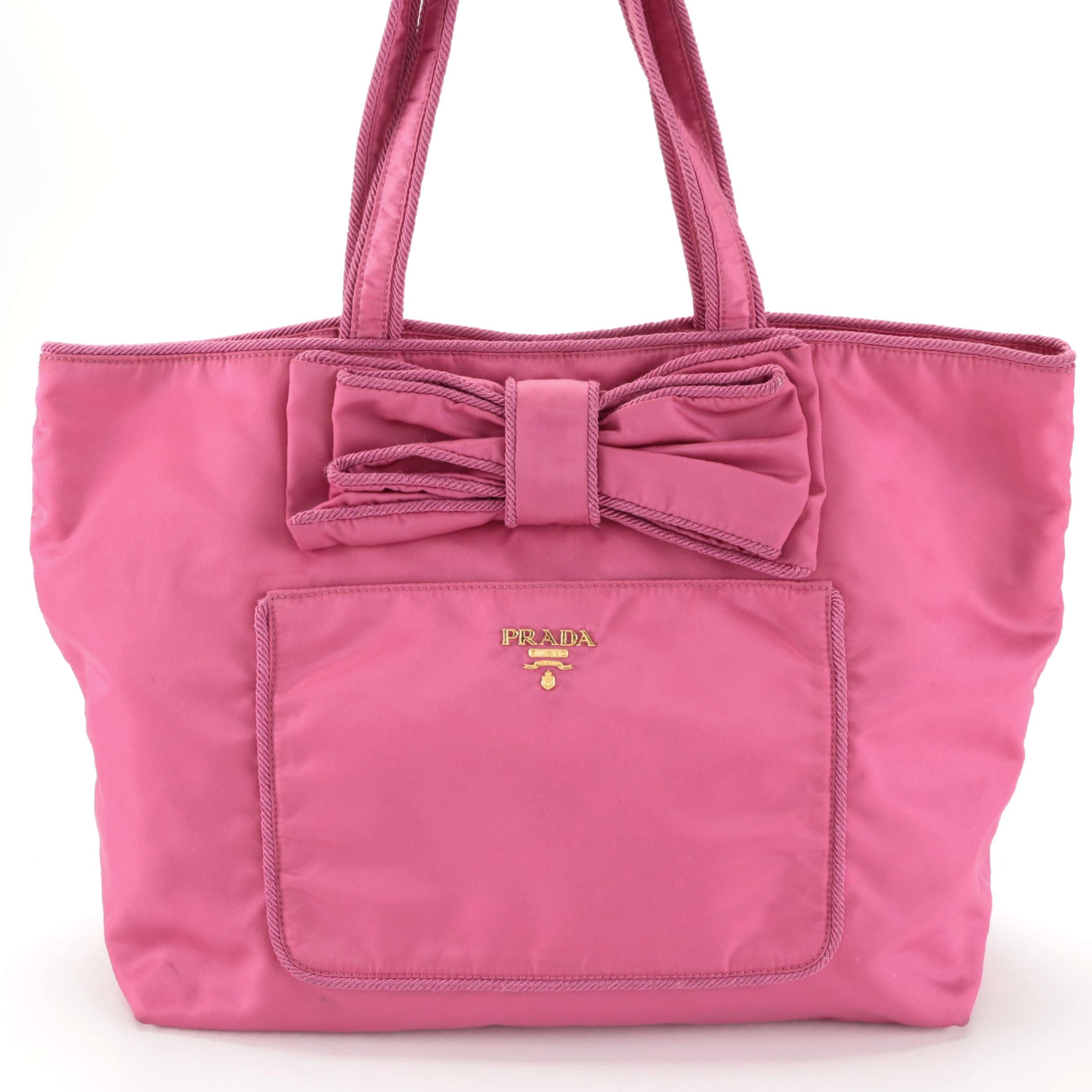 Prada Bow-Embellished Front-Pocket Shoulder Tote in Fuchsia Nylon Gabardine