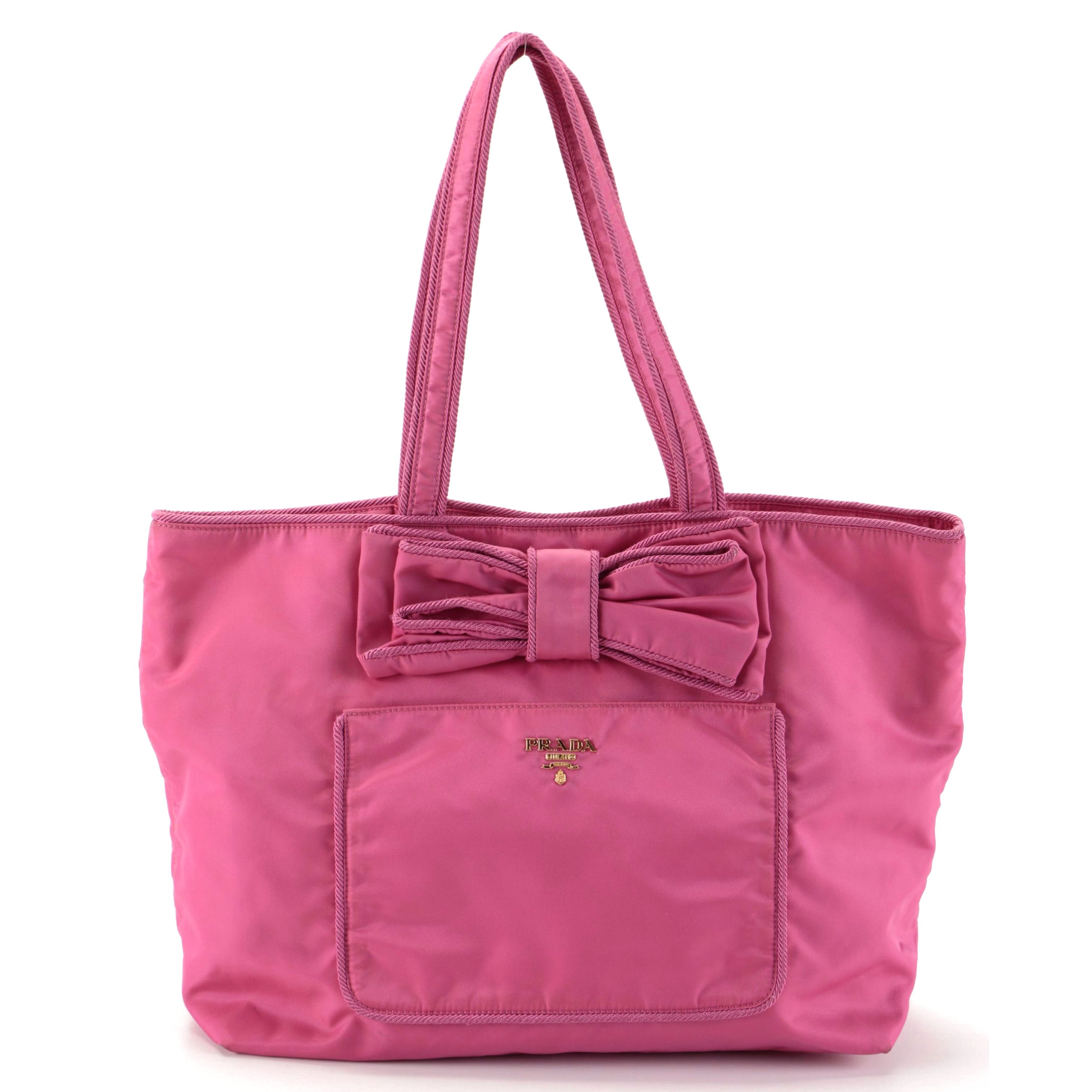 Prada Bow-Embellished Front-Pocket Shoulder Tote in Fuchsia Nylon Gabardine