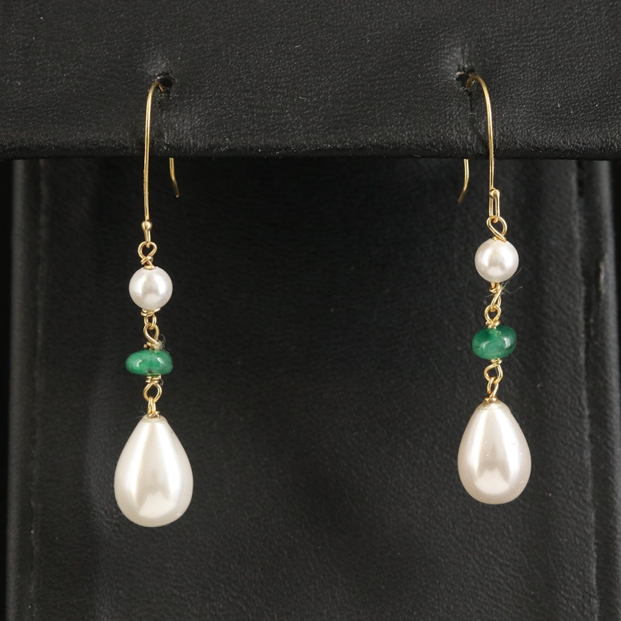 14K Imitation Pearl and Emerald Drop Earrings