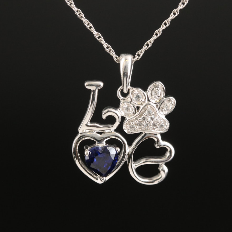 Sterling Blue and White Sapphire Paw Print "Love" Pendant Necklace