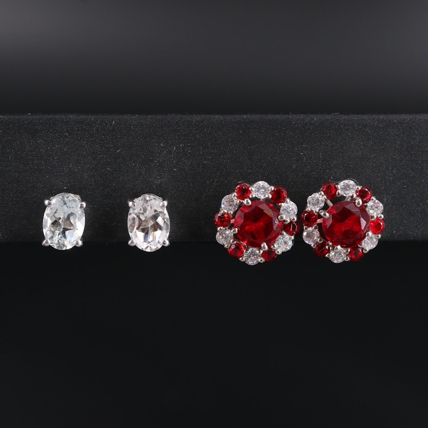 Pair of Sterling Silver Stud Earrings Including Ruby and Topaz