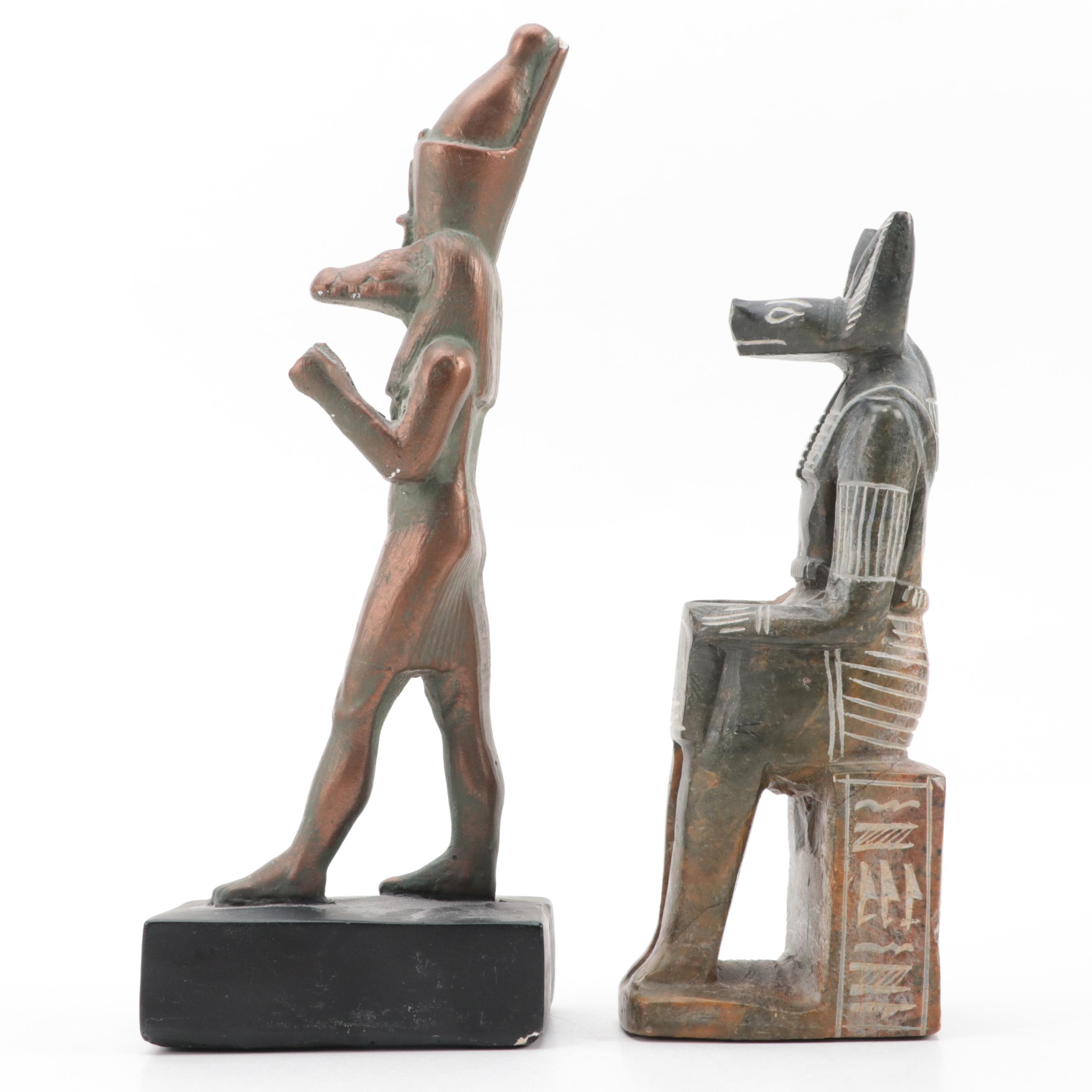 Egyptian Chalkware Sobek and Carved Soapstone Anubis Figurines
