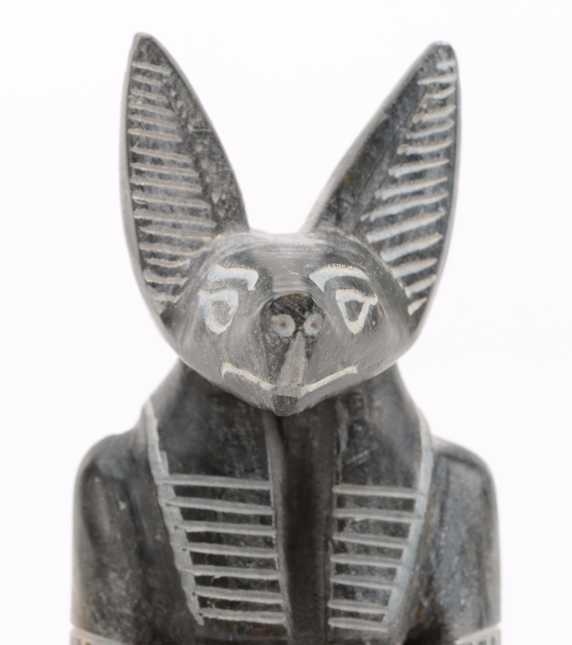 Egyptian Chalkware Sobek and Carved Soapstone Anubis Figurines