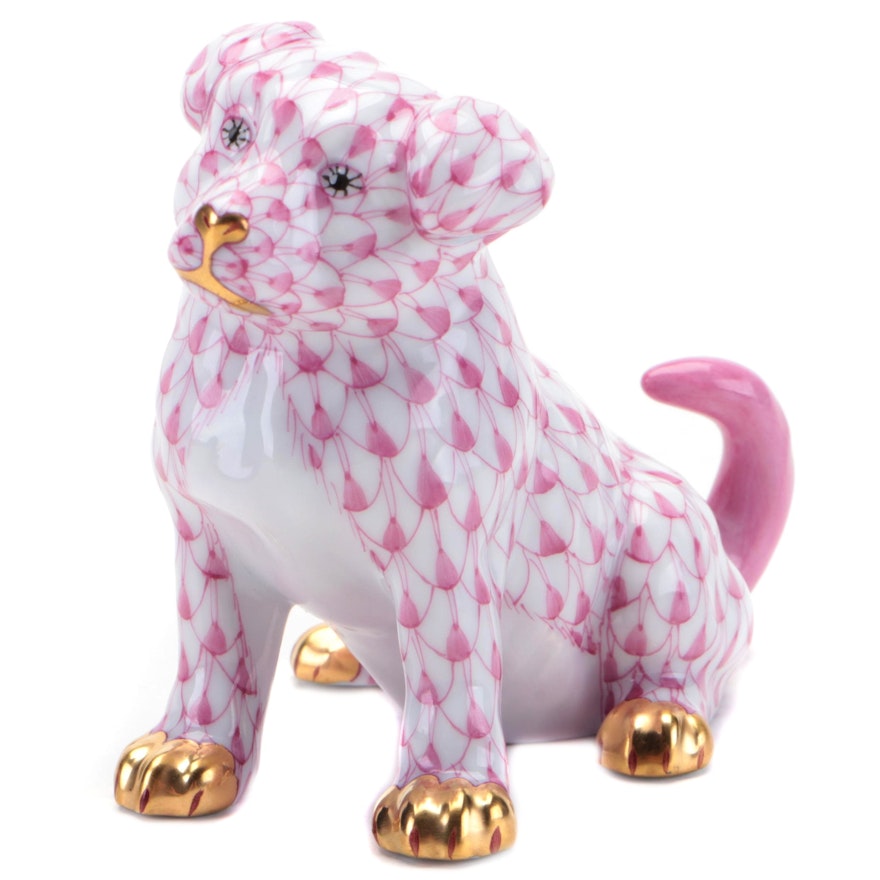 Herend Raspberry Fishnet with Gold "Puppy" Porcelain Figurine