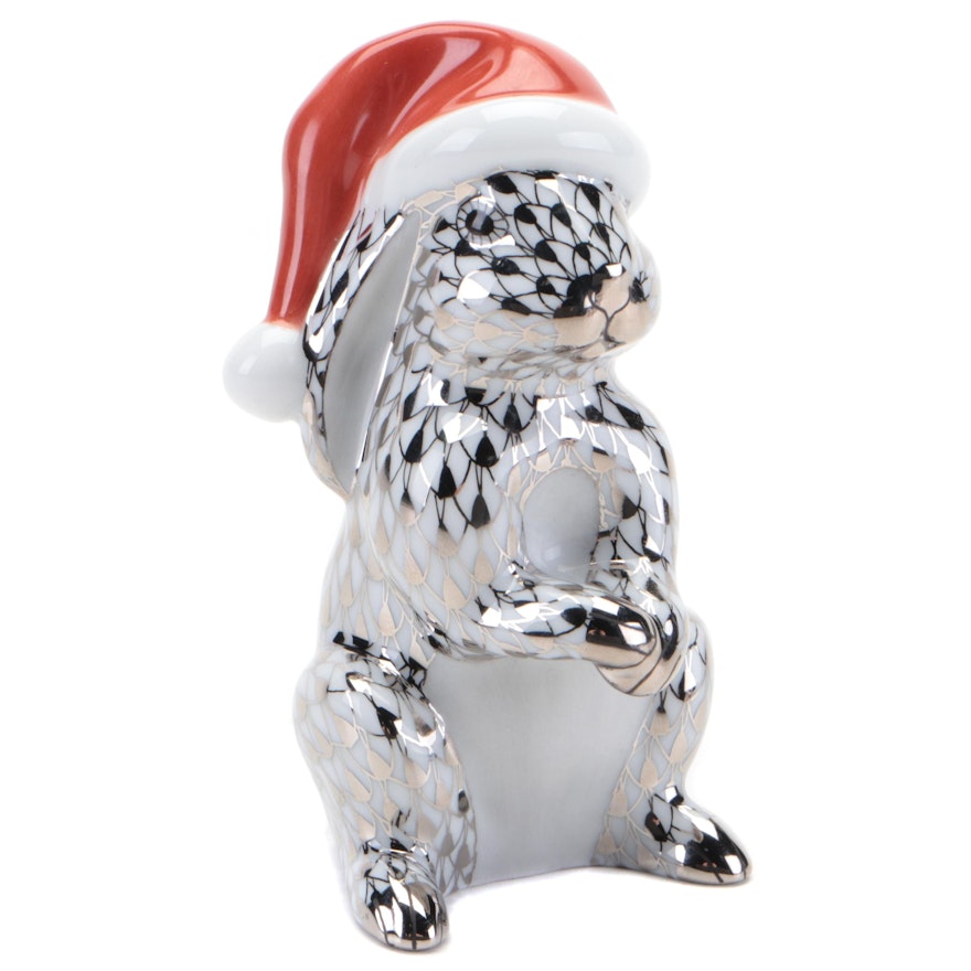 Herend Platinum Fishnet "Santa Bunny" Porcelain Figurine