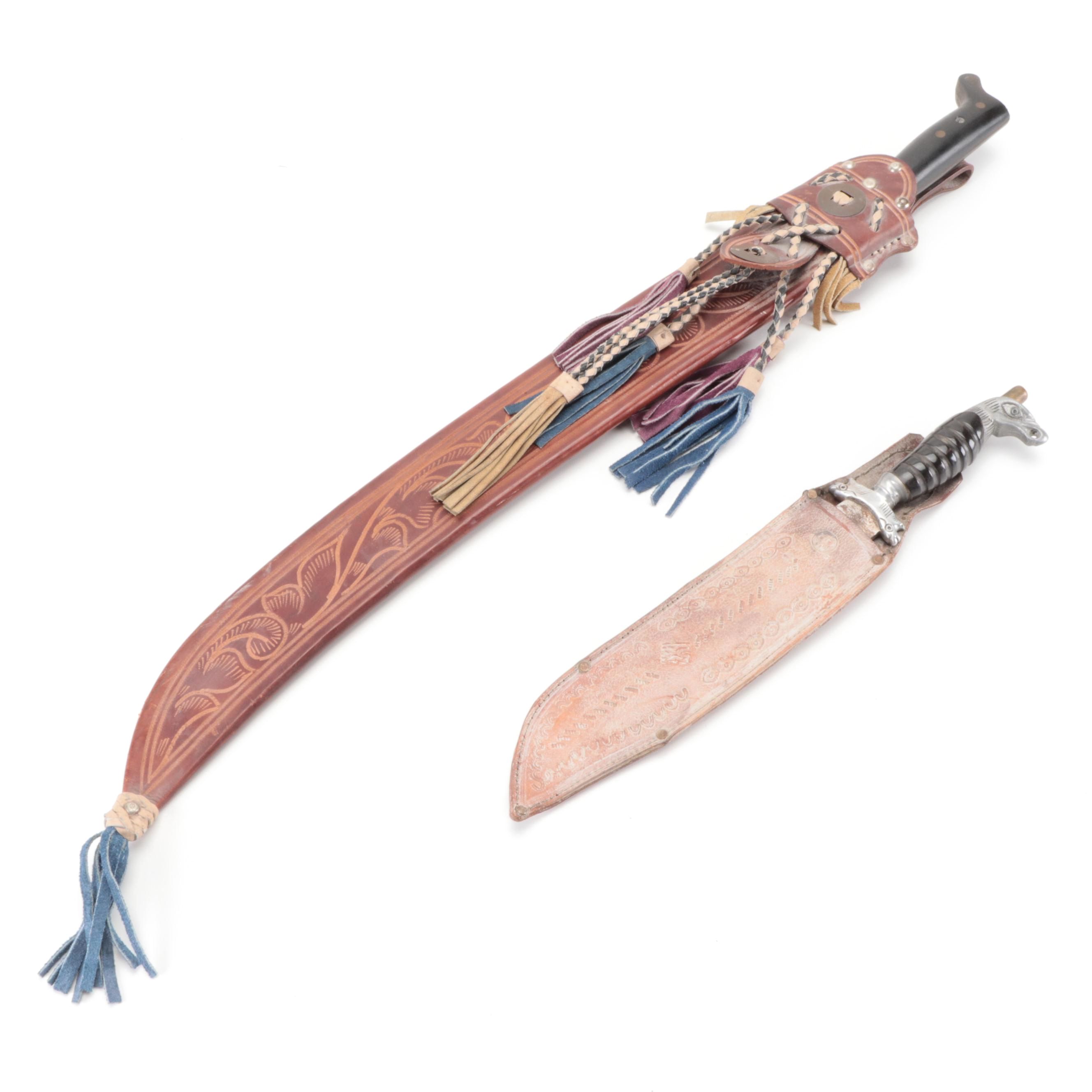 Machete Knife and Bowie Knife With Leather Scabbards