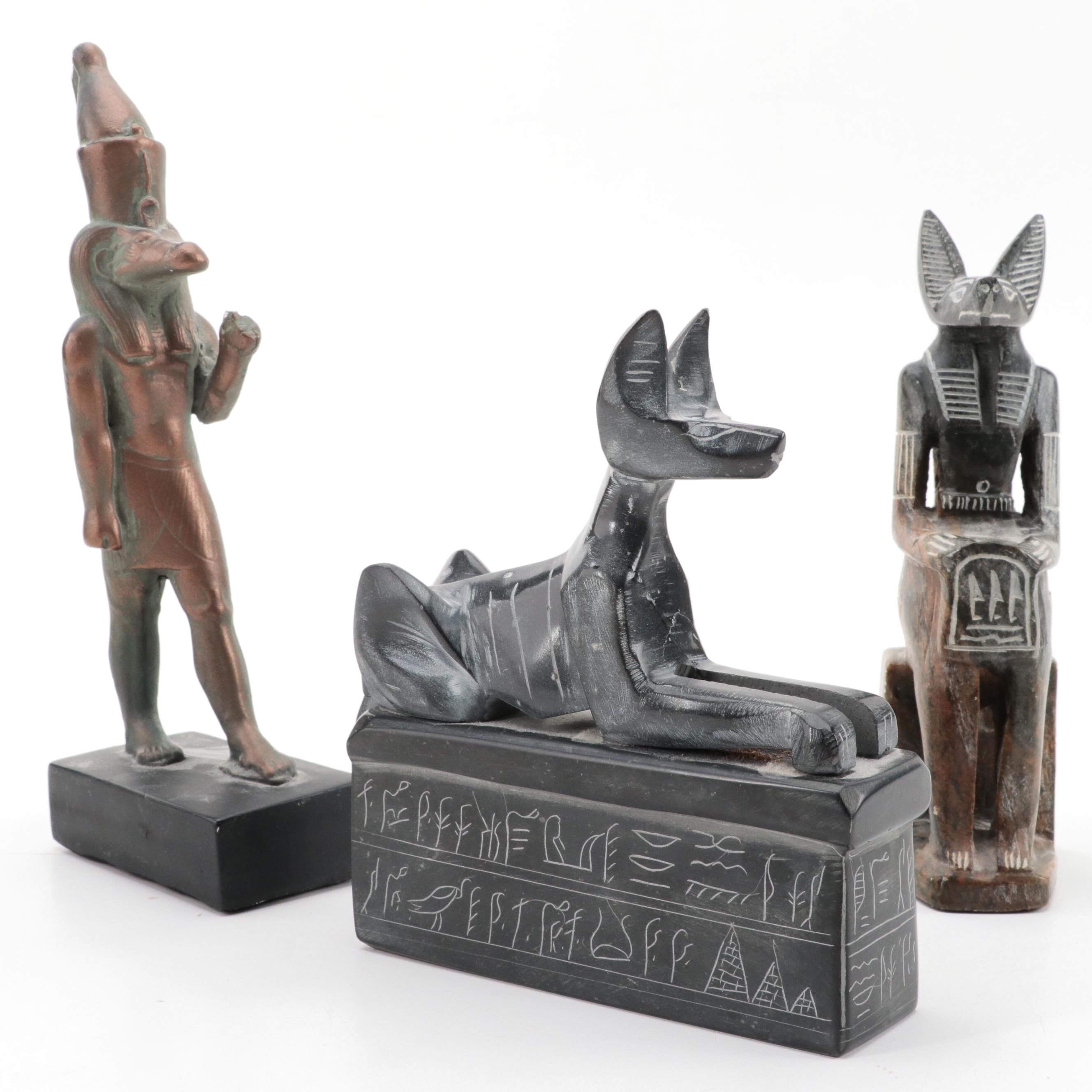 Egyptian Chalkware Sobek and Carved Soapstone Anubis Figurines
