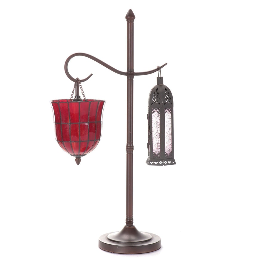 HSN Metal Cantilever Lamp With Red Glass Pendant and Pink Glass Lantern Light