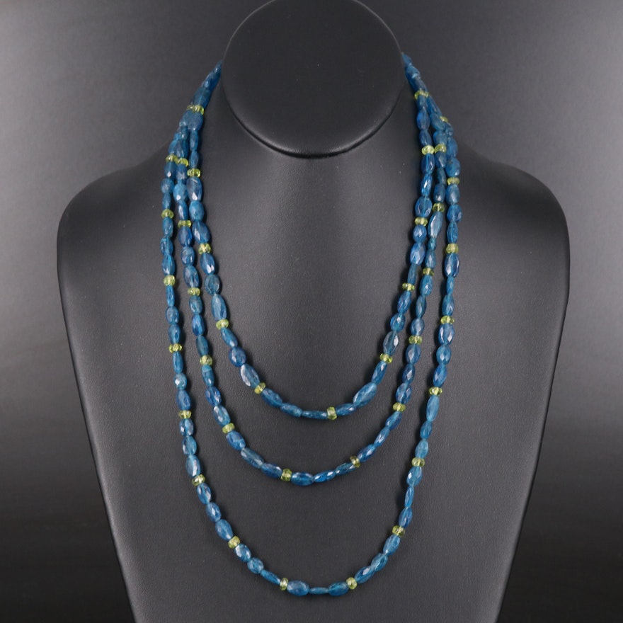 Three Strand Apatite and Peridot Necklace with 14K Clasp and Beads