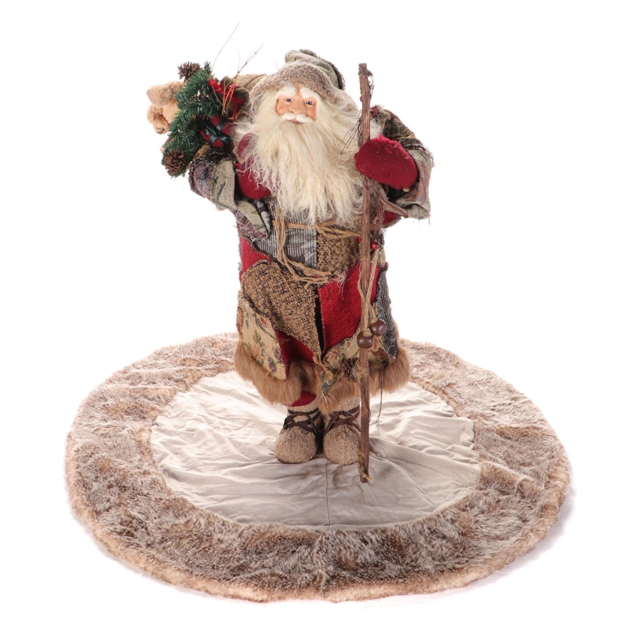 Santa Claus Figure With Plush Fleece and Faux Fur Tree Skirt