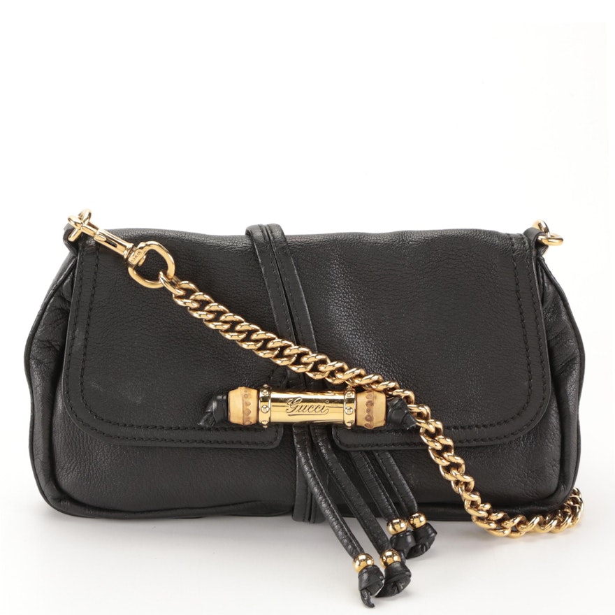 Gucci Croisette Bamboo Front-Flap Bag in Black Grained Leather