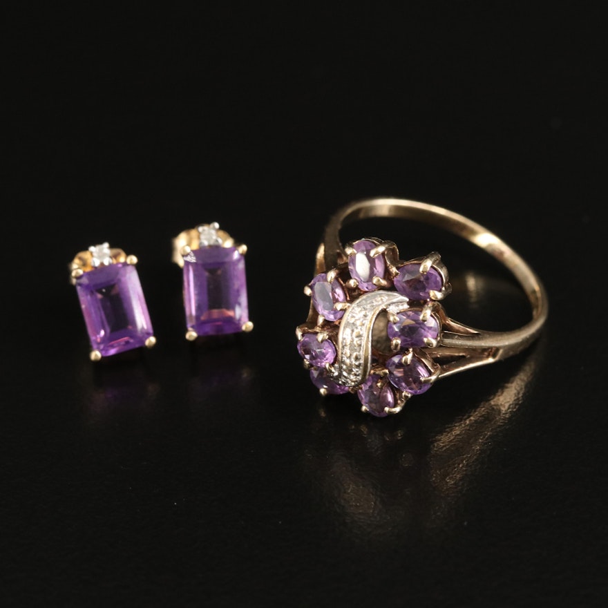 10K Amethyst and Diamond Ring and Earrings