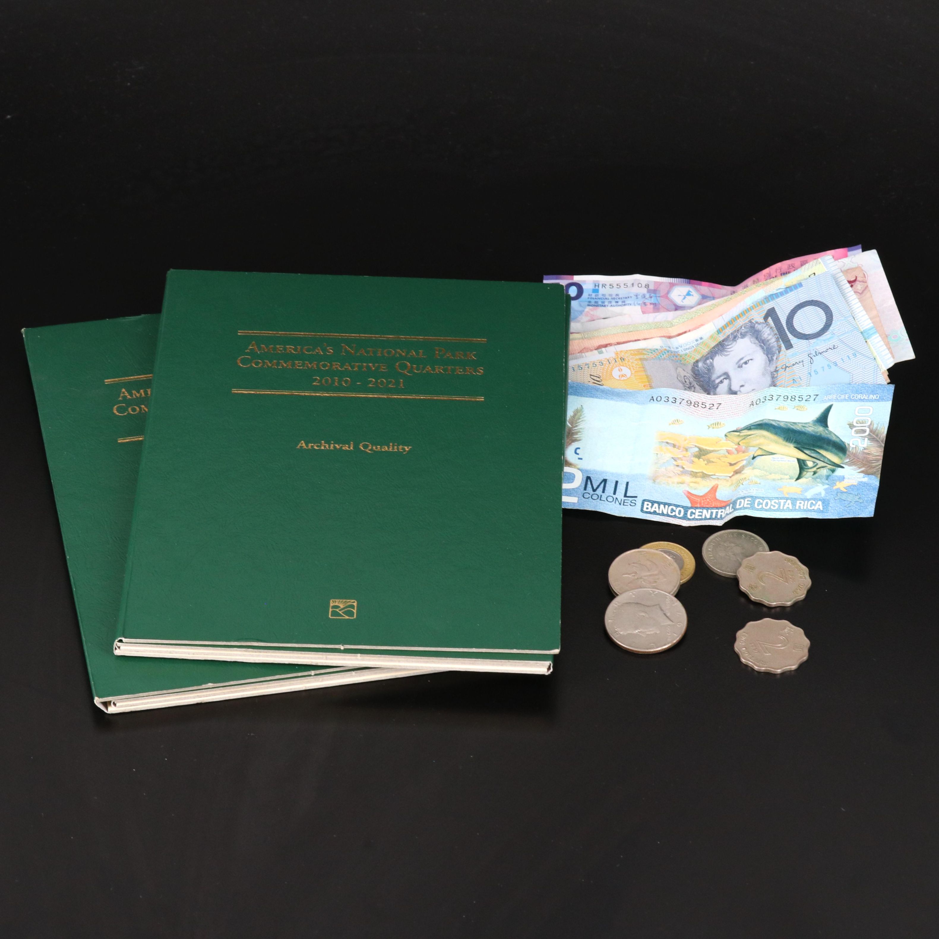 Two Albums of National Park Quarters, Foreign Banknotes and Coins