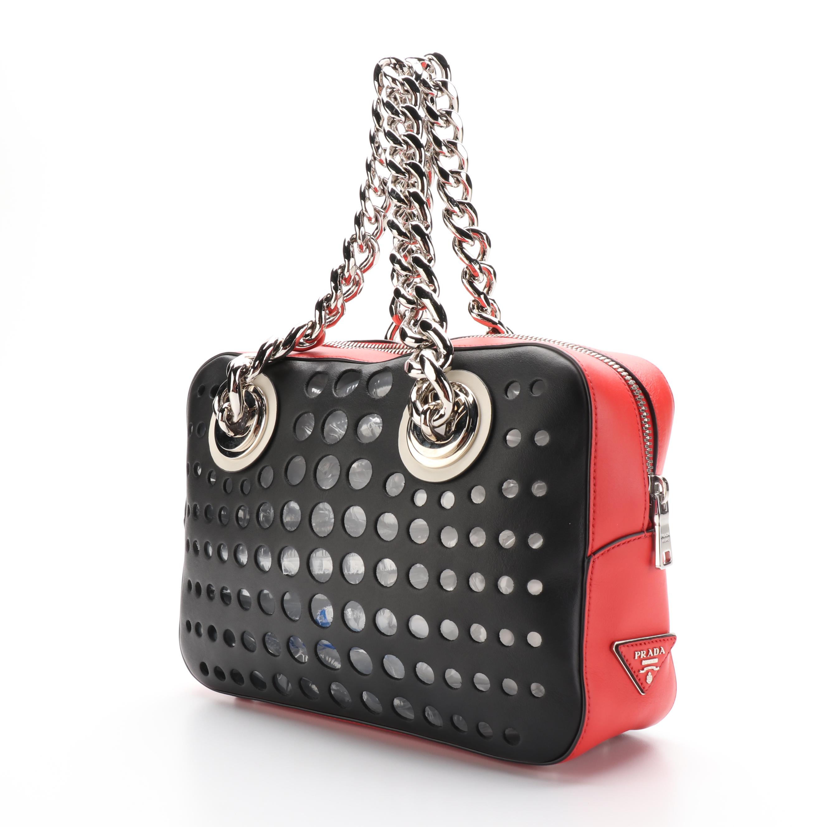 Prada City Fori Shoulder Bag in Black Perforated Leather with Chain Straps