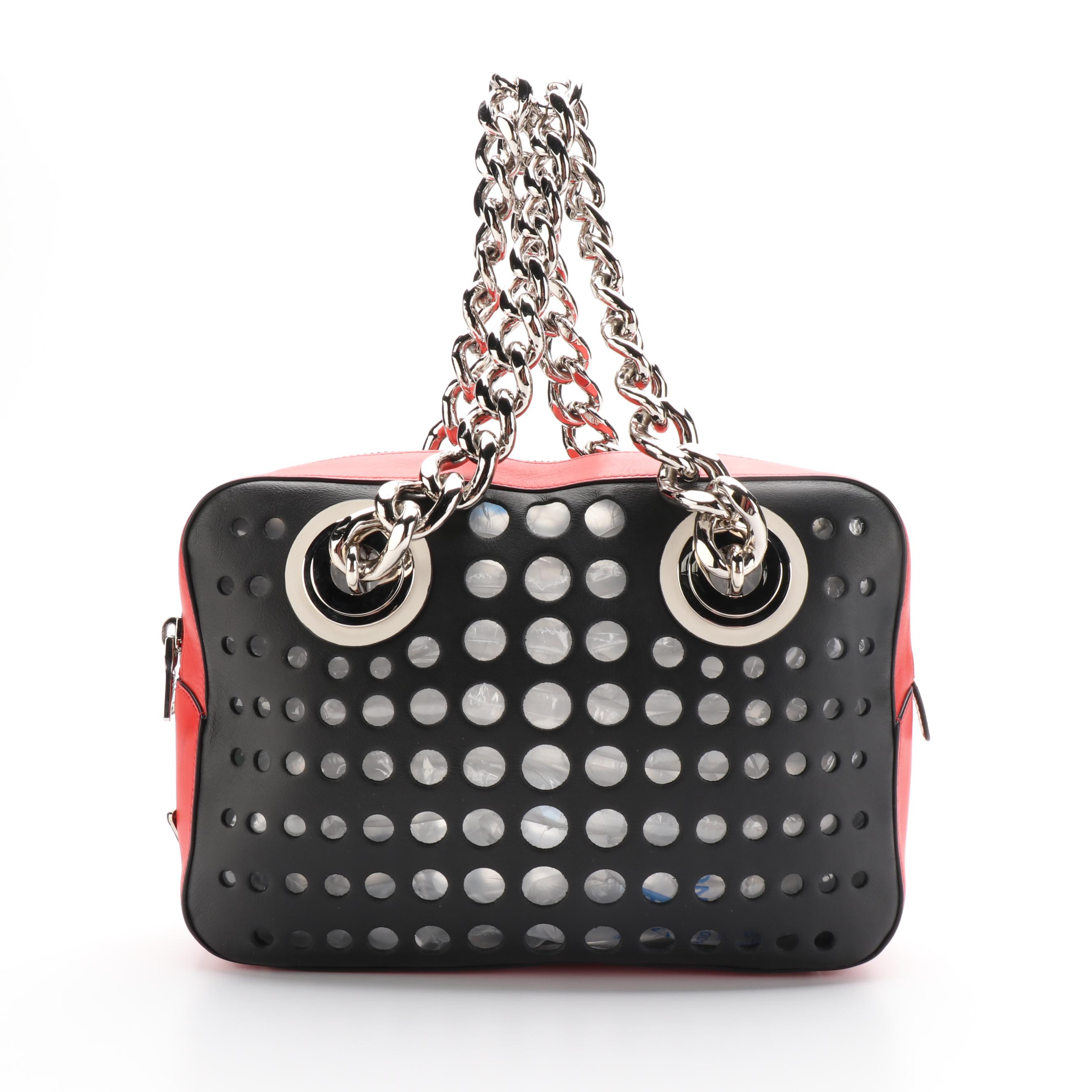 Prada City Fori Shoulder Bag in Black Perforated Leather with Chain Straps