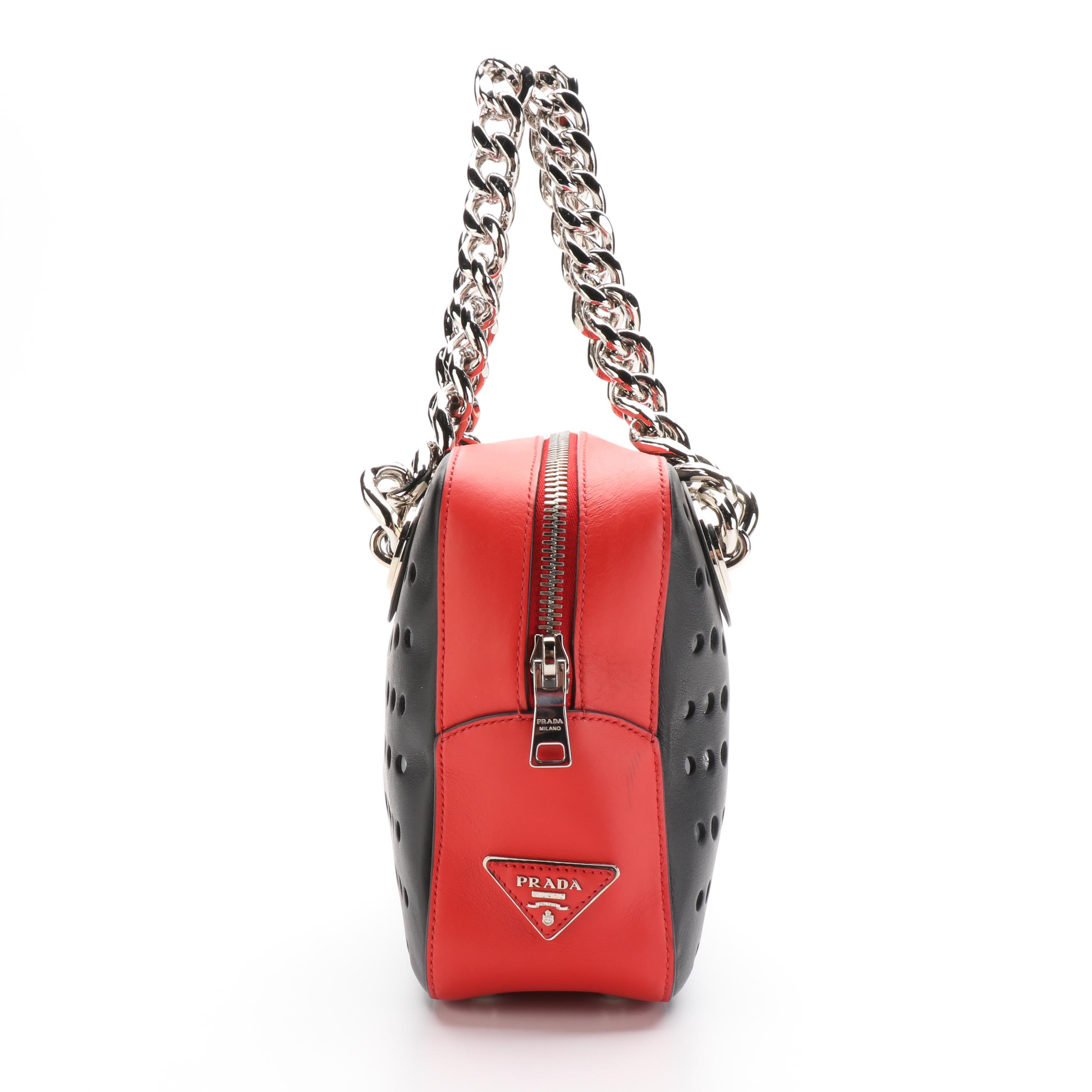 Prada City Fori Shoulder Bag in Black Perforated Leather with Chain Straps