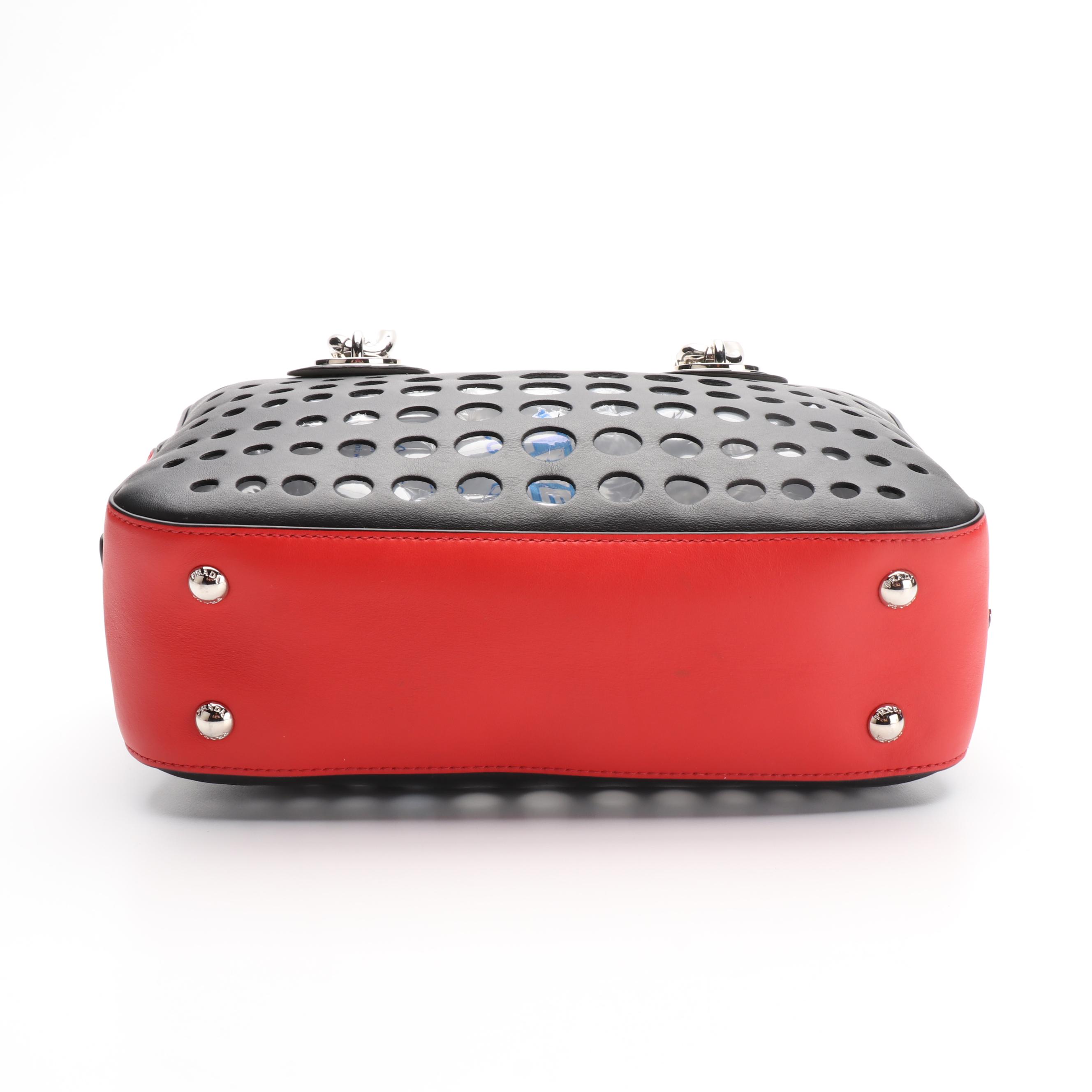 Prada City Fori Shoulder Bag in Black Perforated Leather with Chain Straps