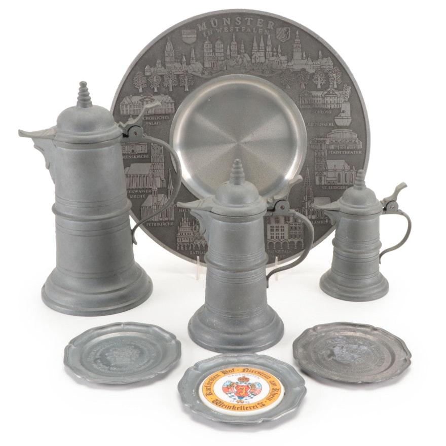 German Decorative Pewter Tankards with Coasters and Wall Plate