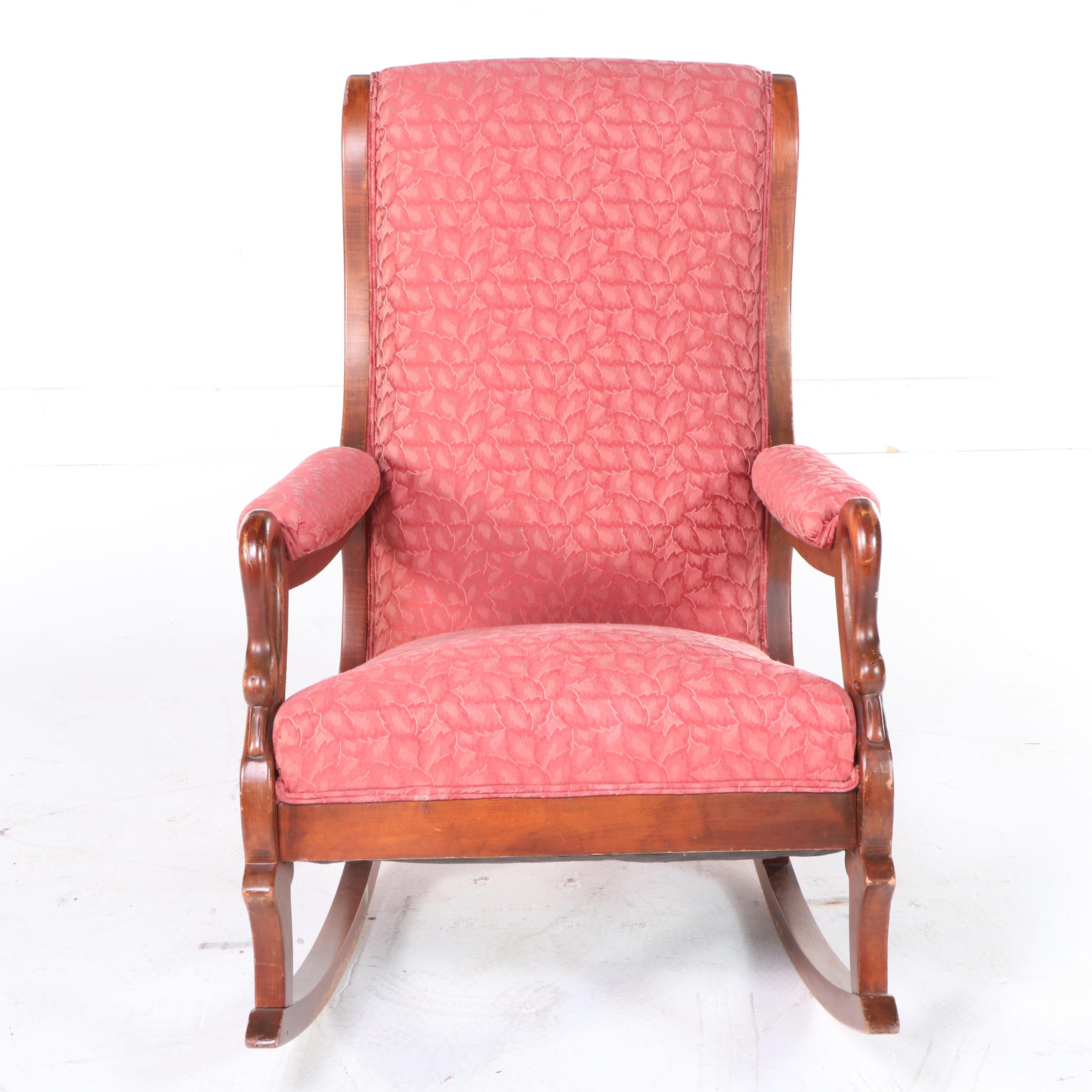 Classical Style Mahogany-Finish Upholstered Gooseneck Rocking Chair, 1940s