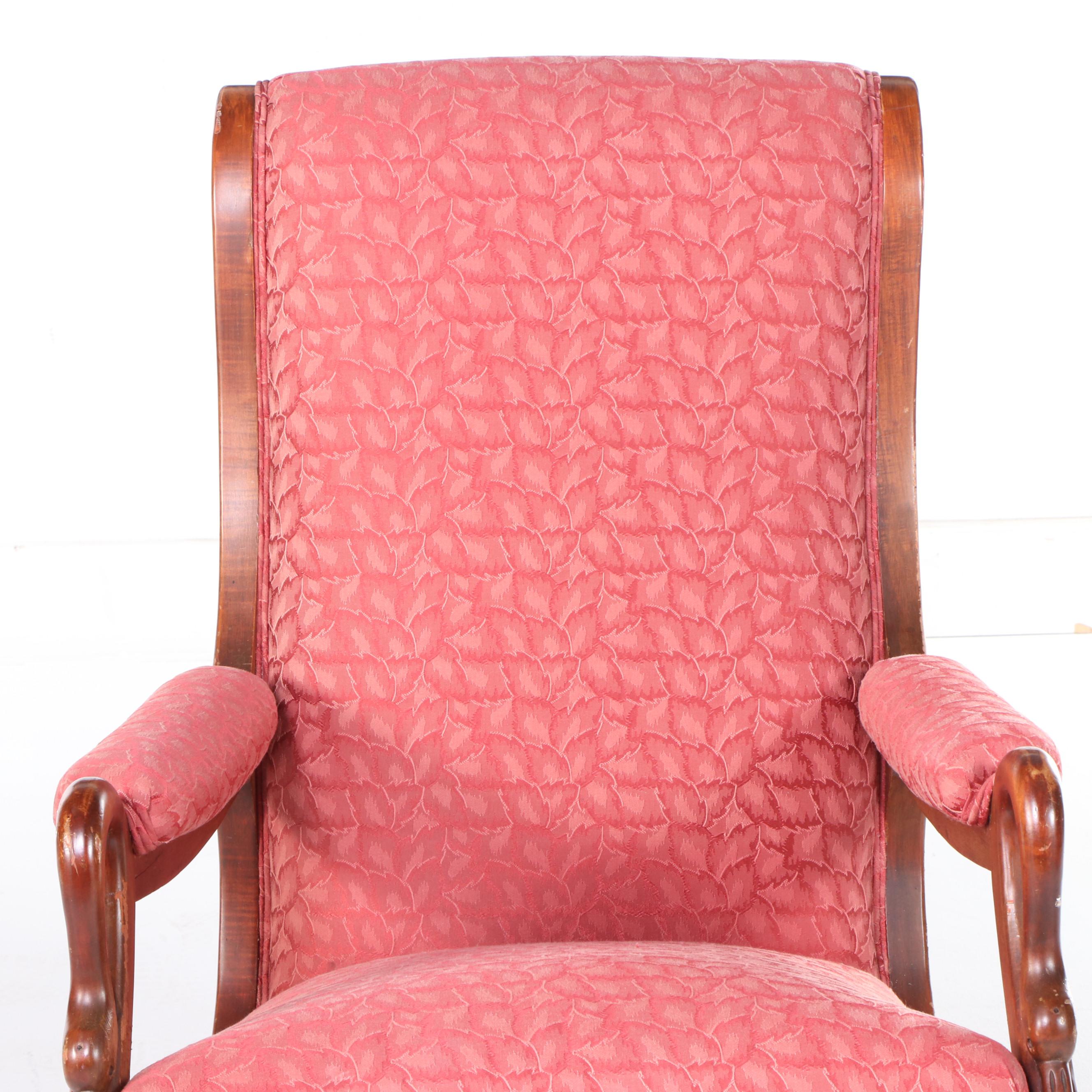 Classical Style Mahogany-Finish Upholstered Gooseneck Rocking Chair, 1940s