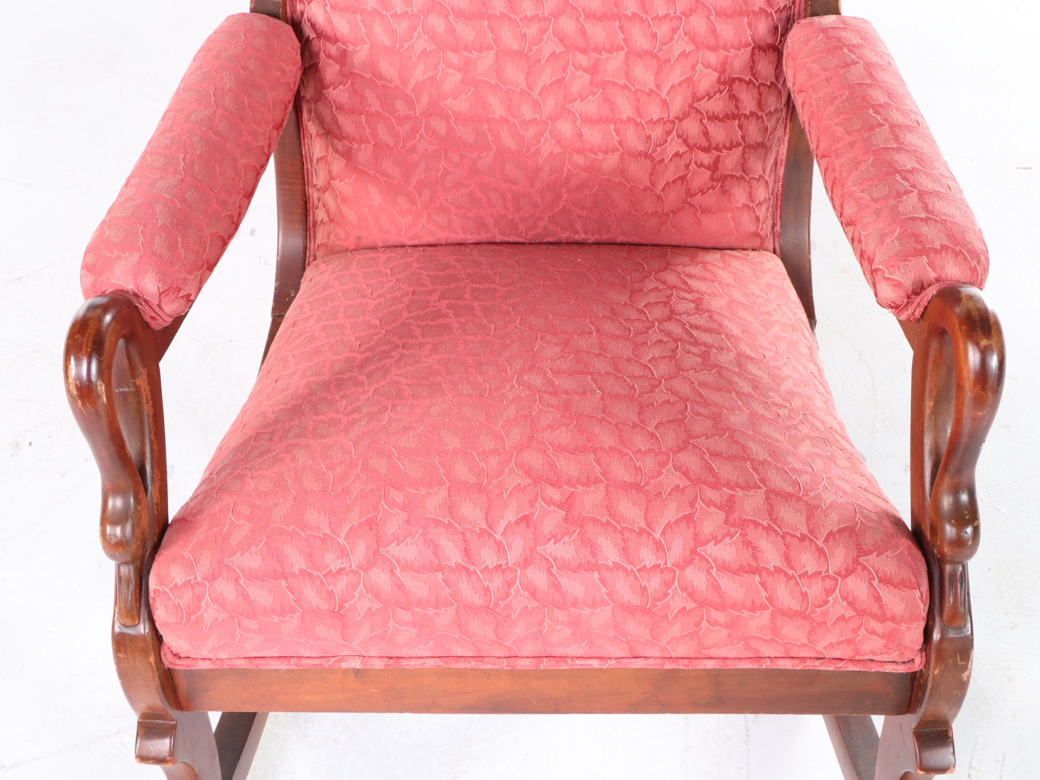 Classical Style Mahogany-Finish Upholstered Gooseneck Rocking Chair, 1940s