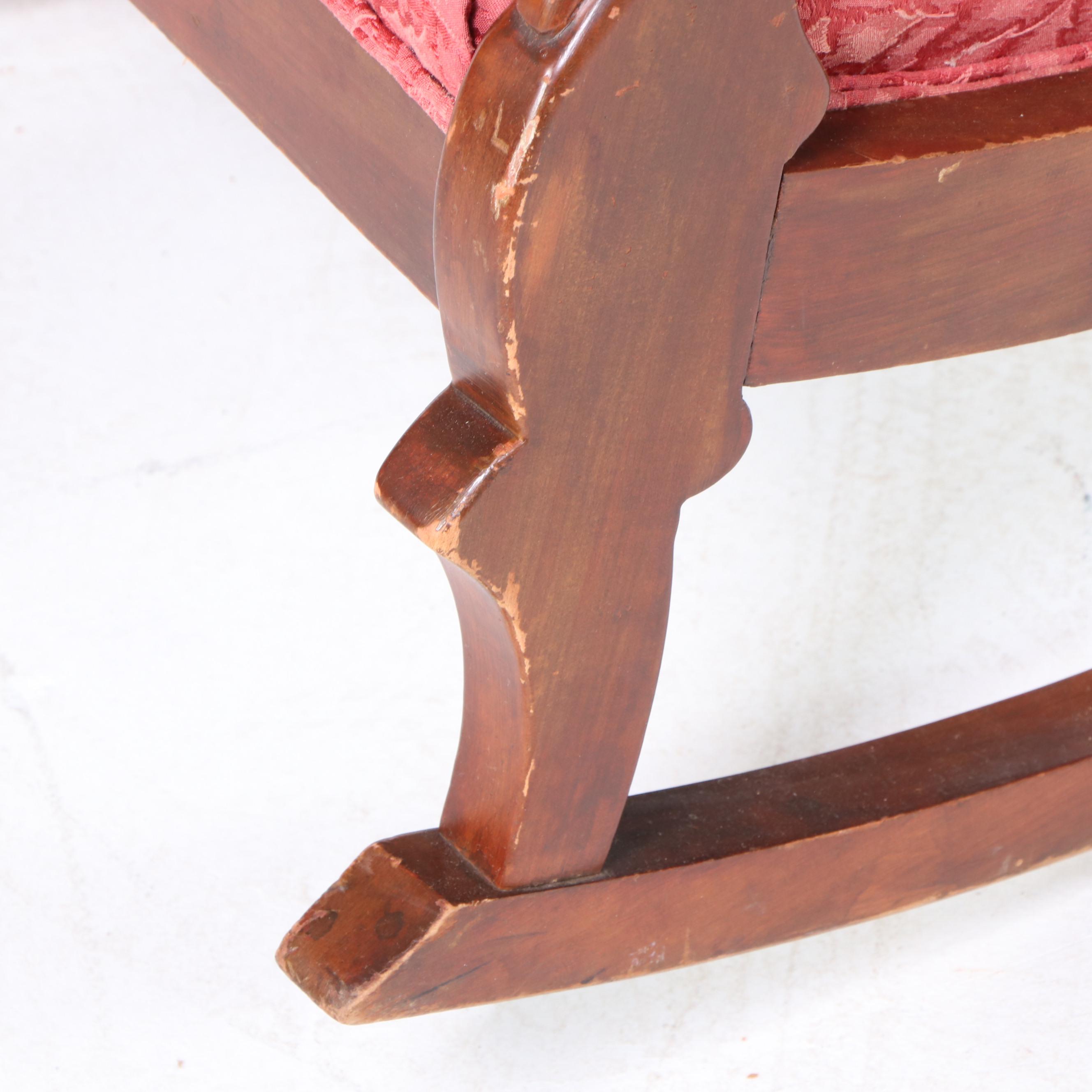 Classical Style Mahogany-Finish Upholstered Gooseneck Rocking Chair, 1940s