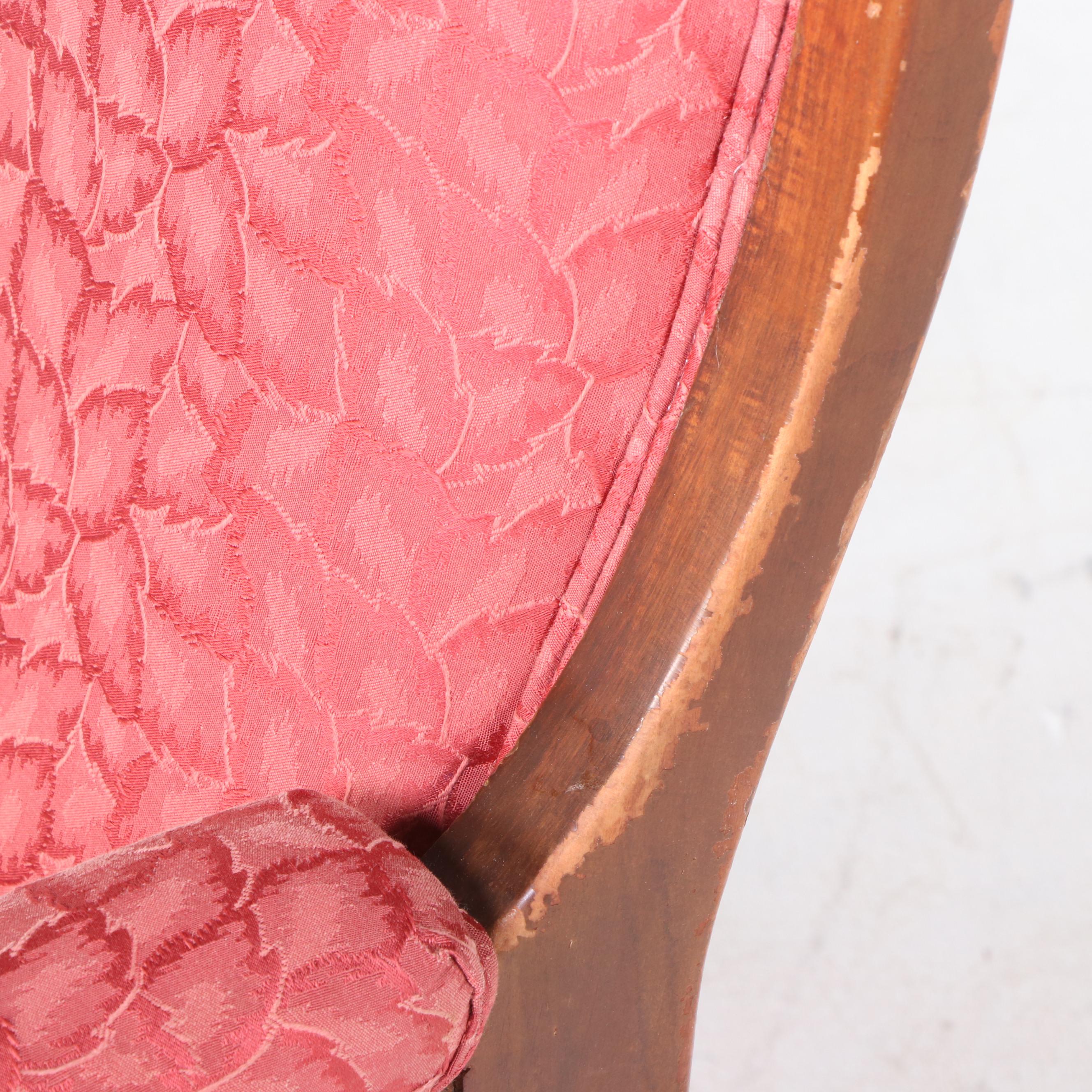 Classical Style Mahogany-Finish Upholstered Gooseneck Rocking Chair, 1940s