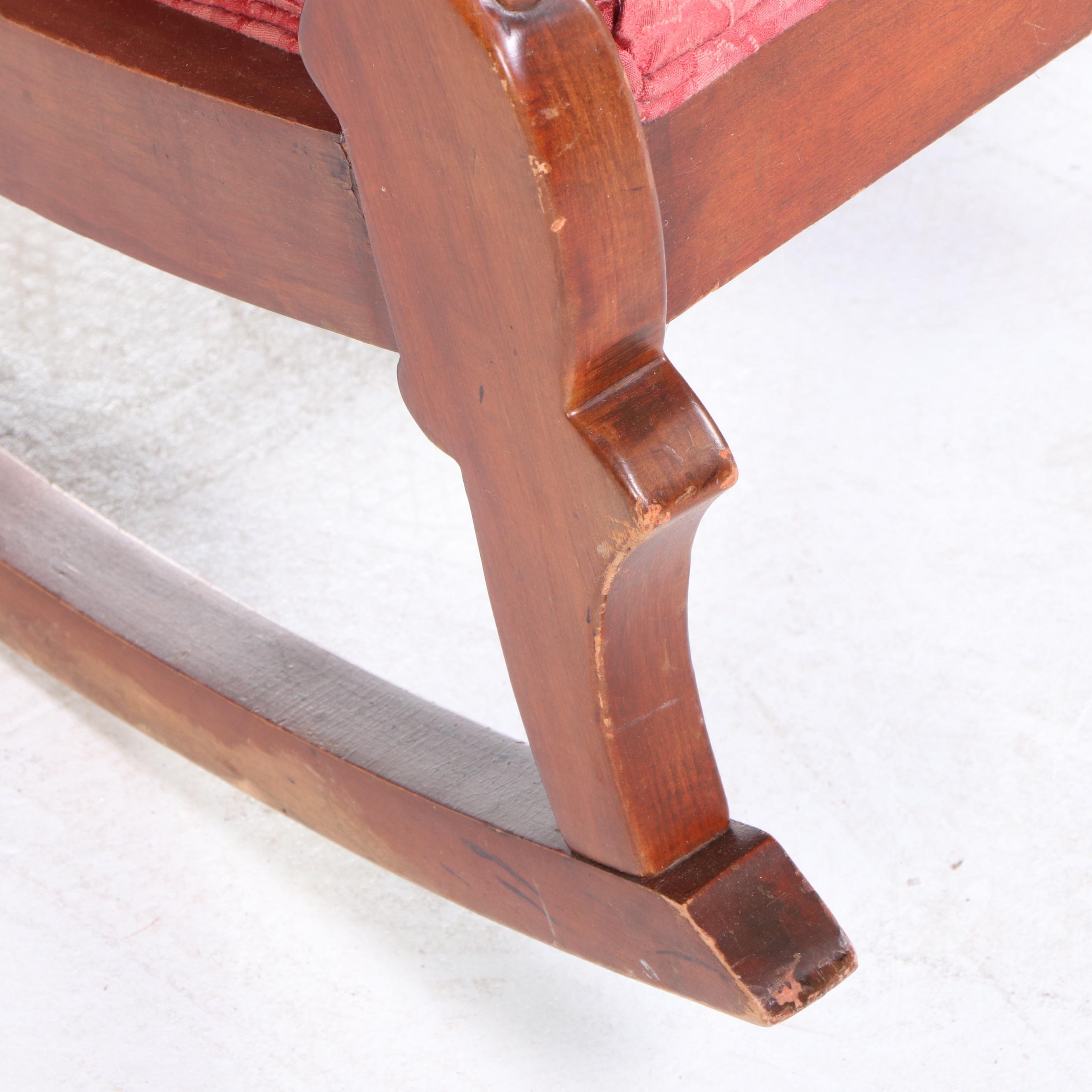 Classical Style Mahogany-Finish Upholstered Gooseneck Rocking Chair, 1940s