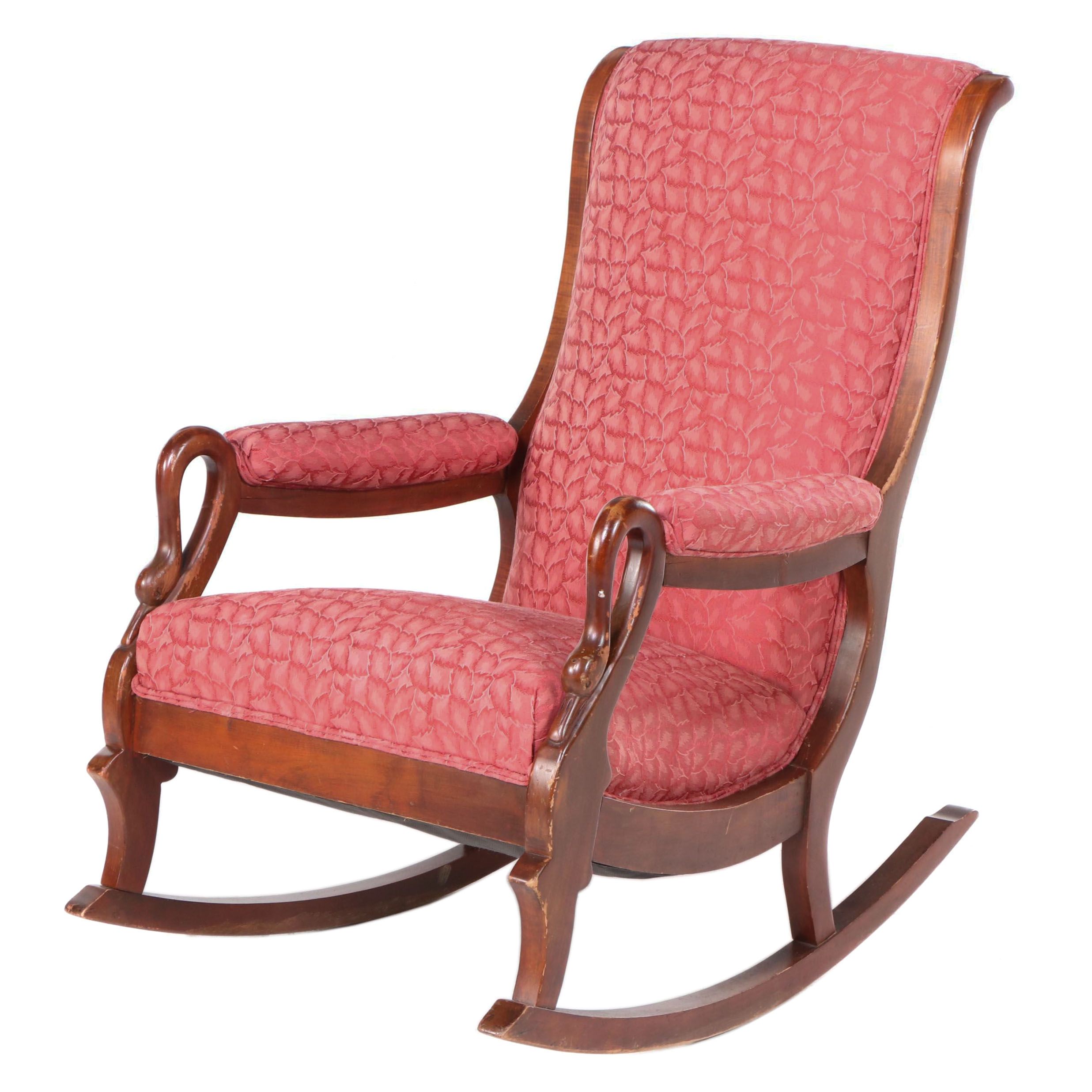 Classical Style Mahogany-Finish Upholstered Gooseneck Rocking Chair, 1940s