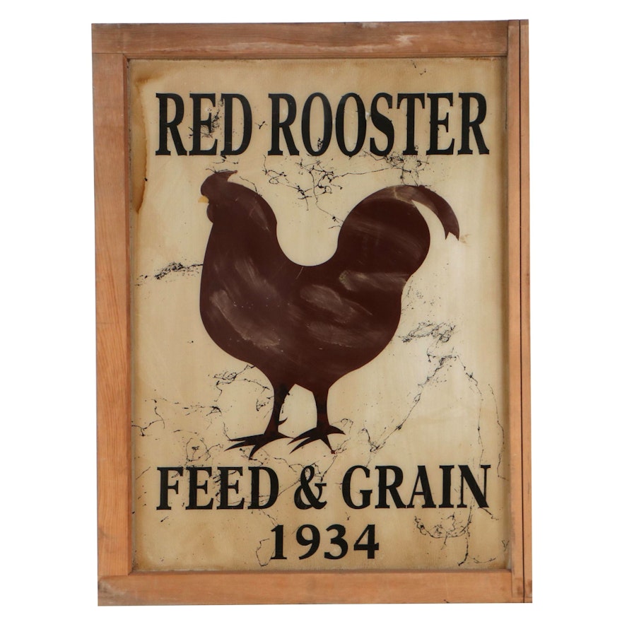 Primitive Style Reverse Glass Painted "Red Rooster Feed & Grain" Sign
