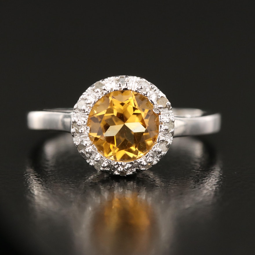 Sterling Citrine and Diamond Halo Ring