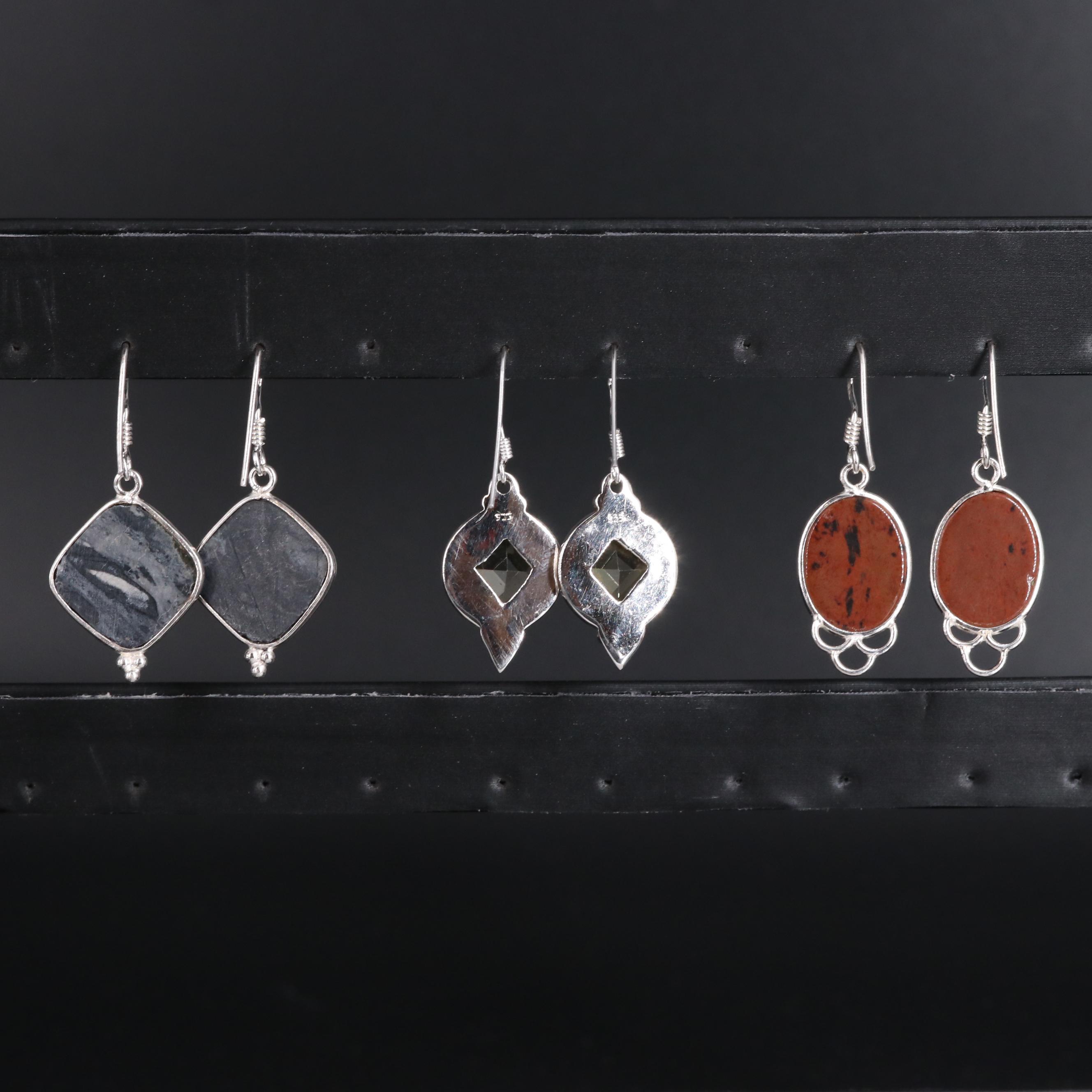 Assortment of Sterling Silver Earrings Including Obsidian and Picasso Jasper