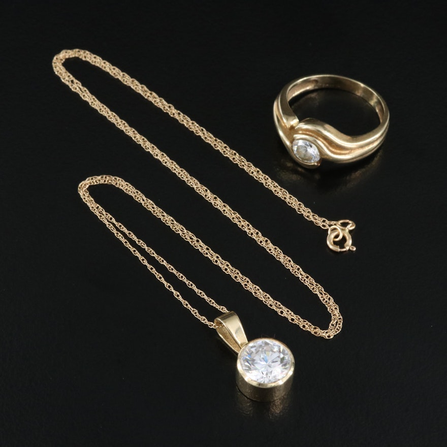 10K Cubic Zirconia Ring and Pendant on 14K Singapore Chain Necklace