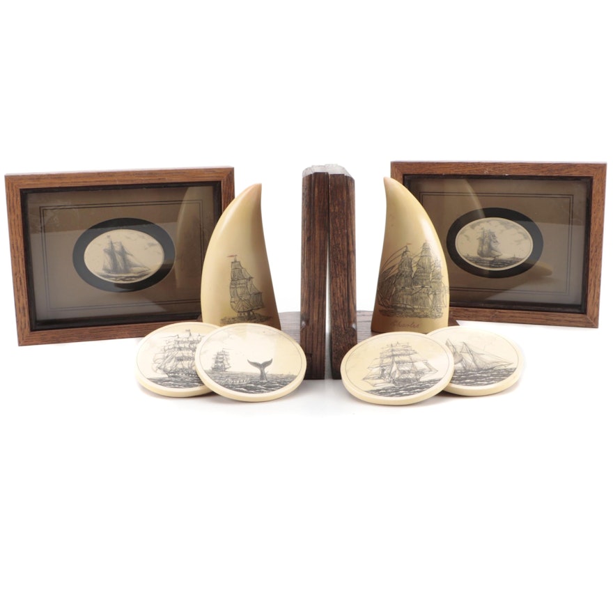 Reproduction Scrimshaw Bookends, Coasters and Framed Medallions