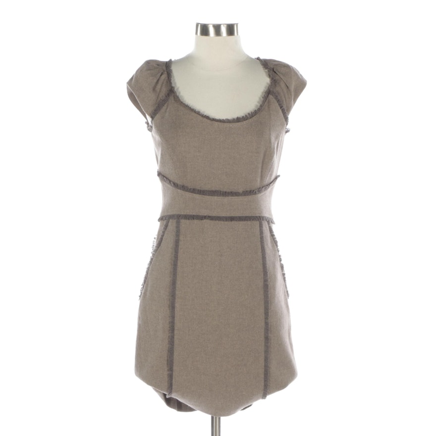Rebecca Taylor Sheath Dress in Taupe with Cap Sleeves and Eyelash Fringe