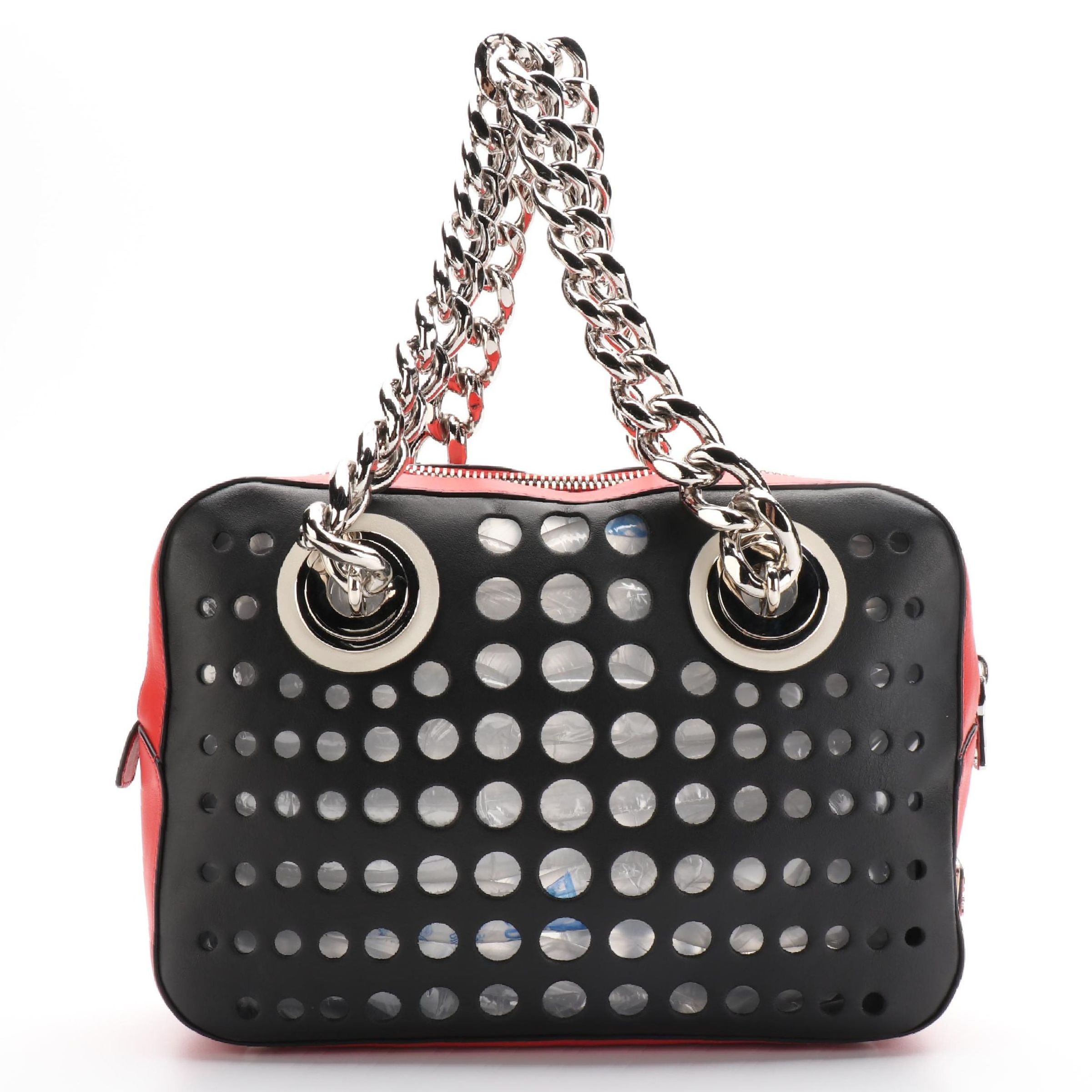 Prada City Fori Shoulder Bag in Black Perforated Leather with Chain Straps