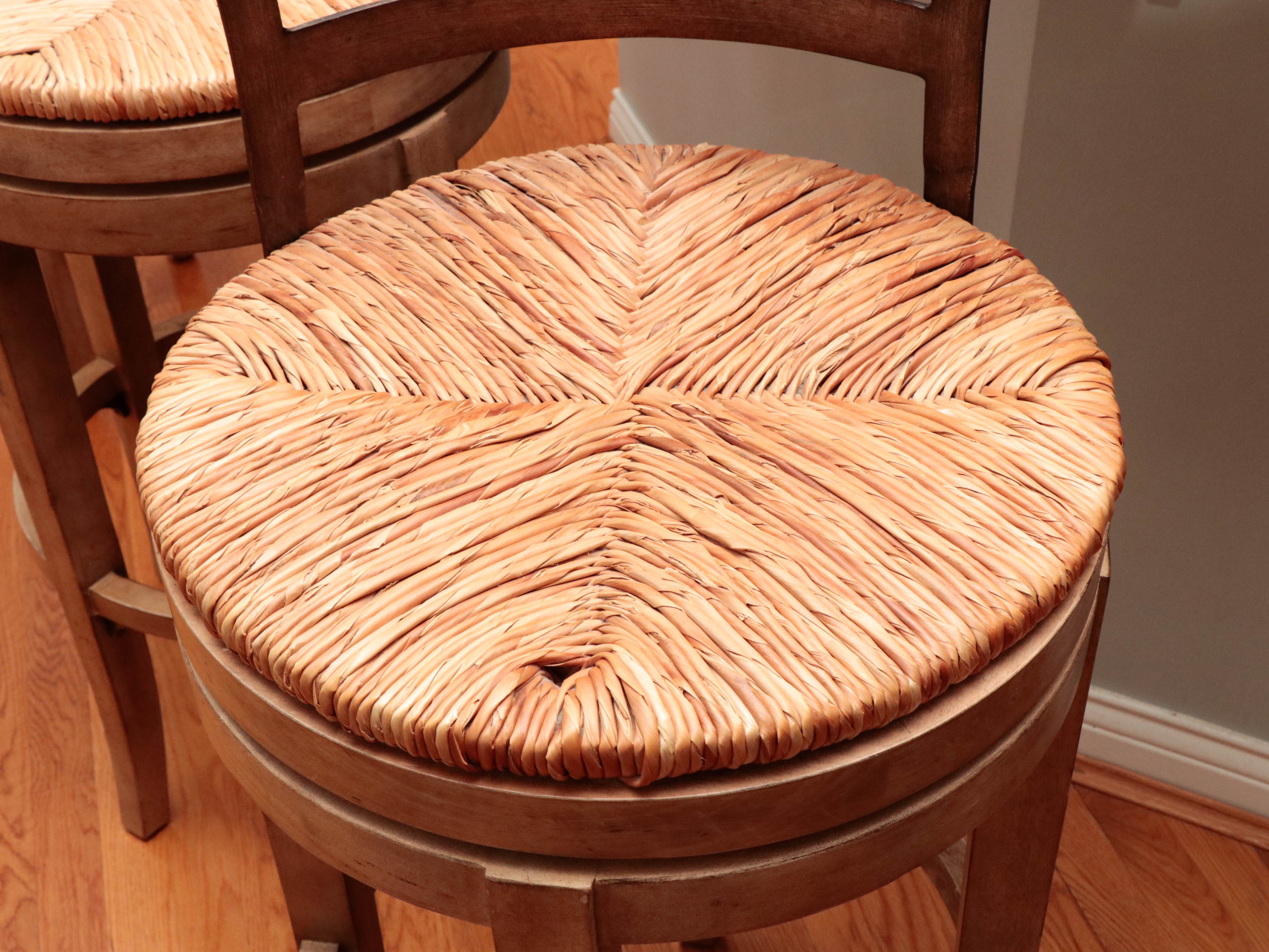 Four Ballard Designs "Marguerite" Hardwood and Patinated Metal Swivel Bar Stools