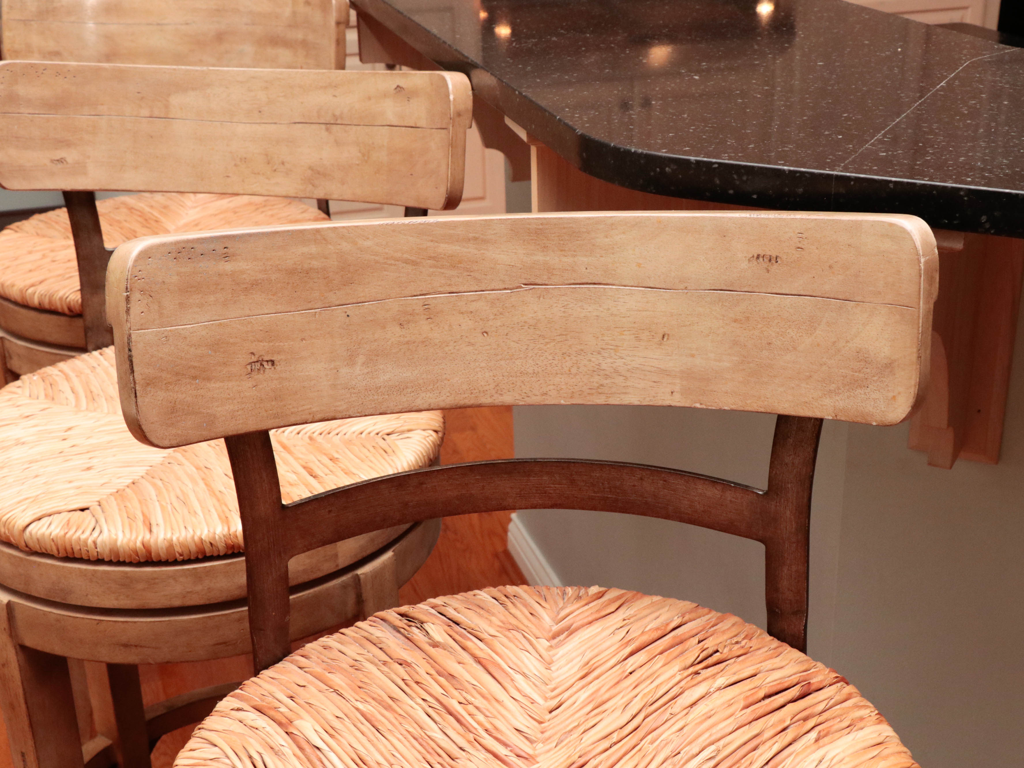 Four Ballard Designs "Marguerite" Hardwood and Patinated Metal Swivel Bar Stools