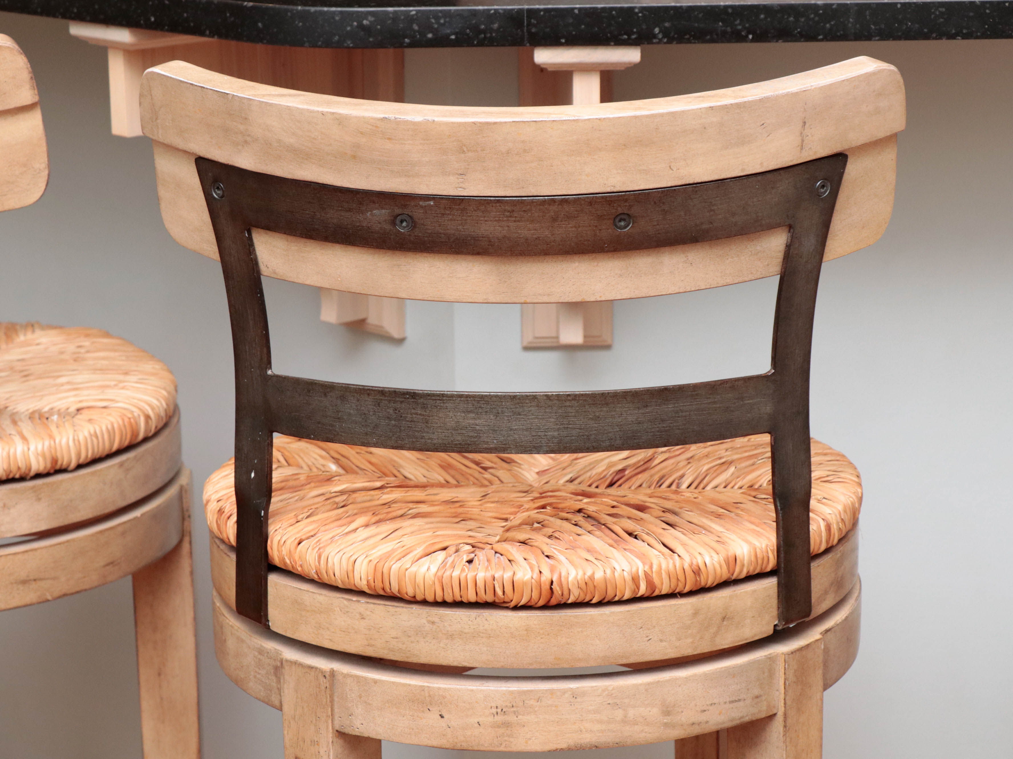 Four Ballard Designs "Marguerite" Hardwood and Patinated Metal Swivel Bar Stools