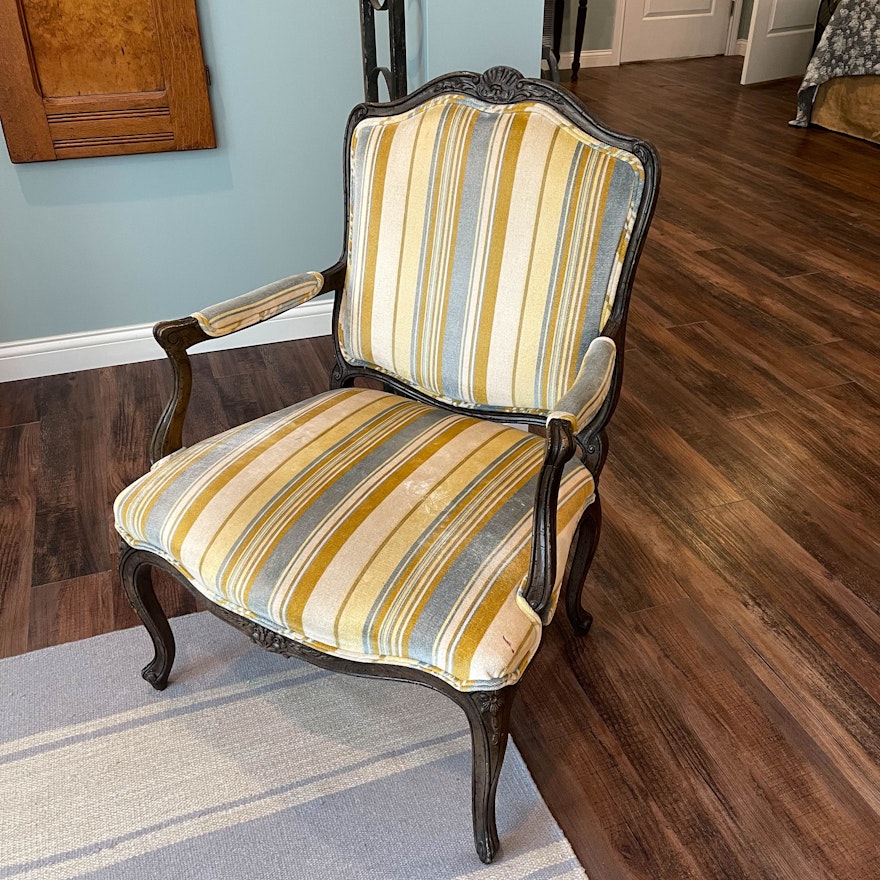 Louis XV Style Oak and Custom-Upholstered Fauteuil, 20th Century