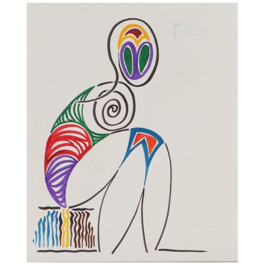Achi Sullo Abstract Figural Marker Drawing, Circa 1970