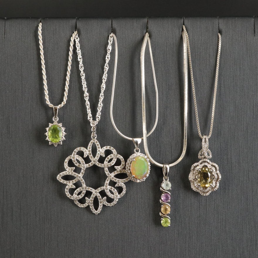 Sterling Pendant Necklace Selection Including Opal, Peridot and Diamond