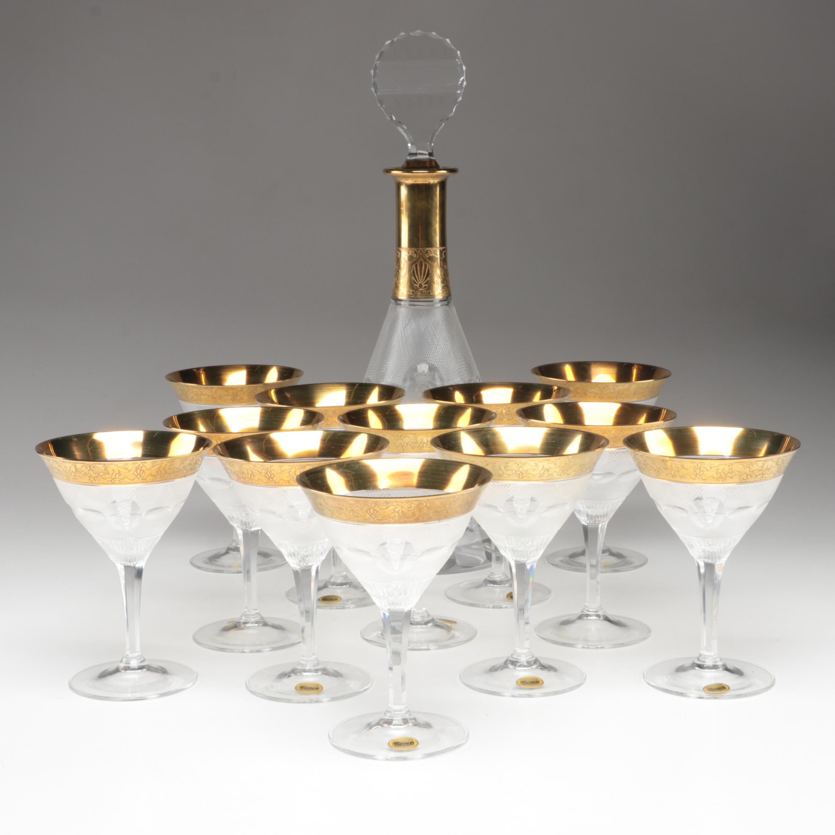 Moser "Splendid" Gilt Encrusted Cut Glass Champagne Coupes and Decanter