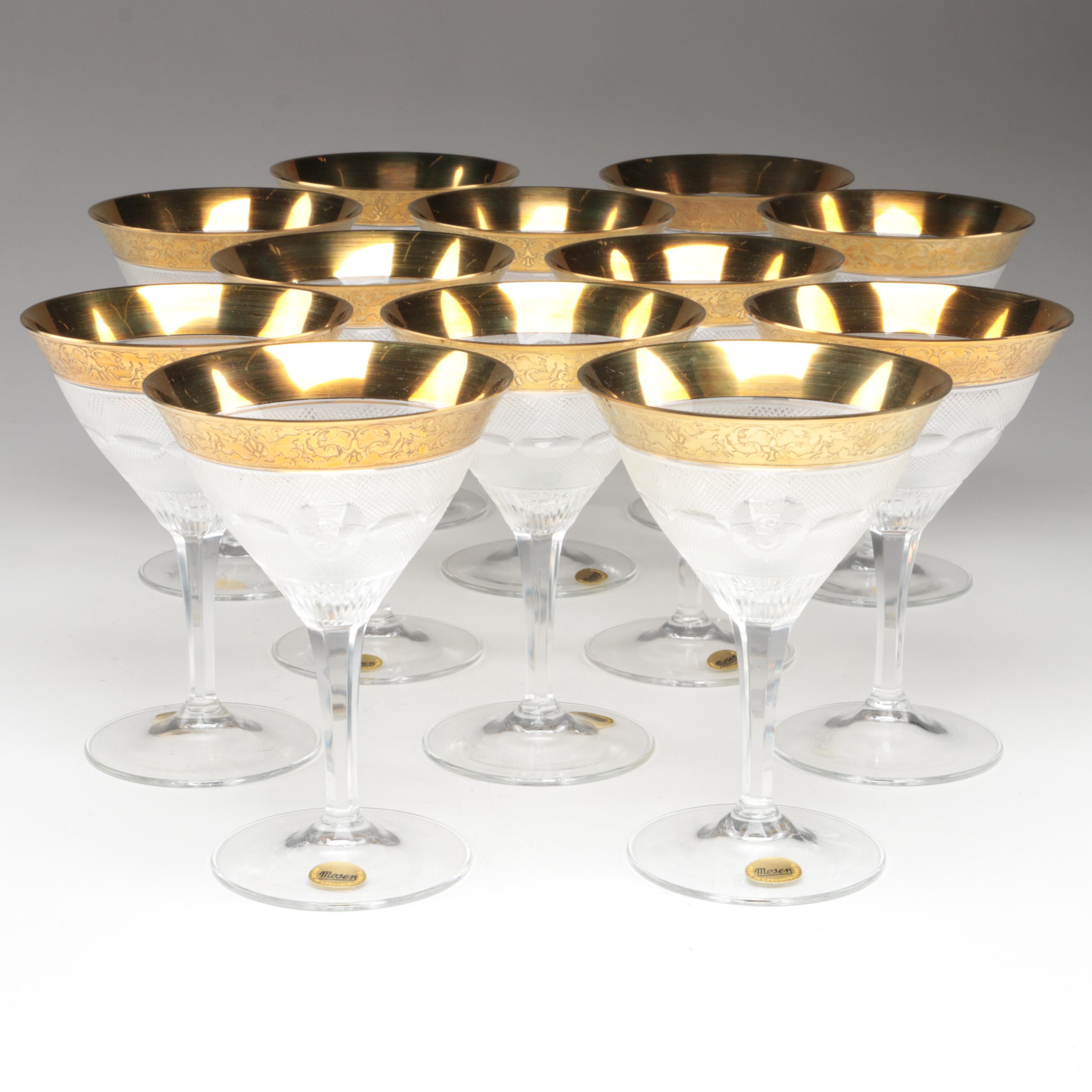Moser "Splendid" Gilt Encrusted Cut Glass Champagne Coupes and Decanter