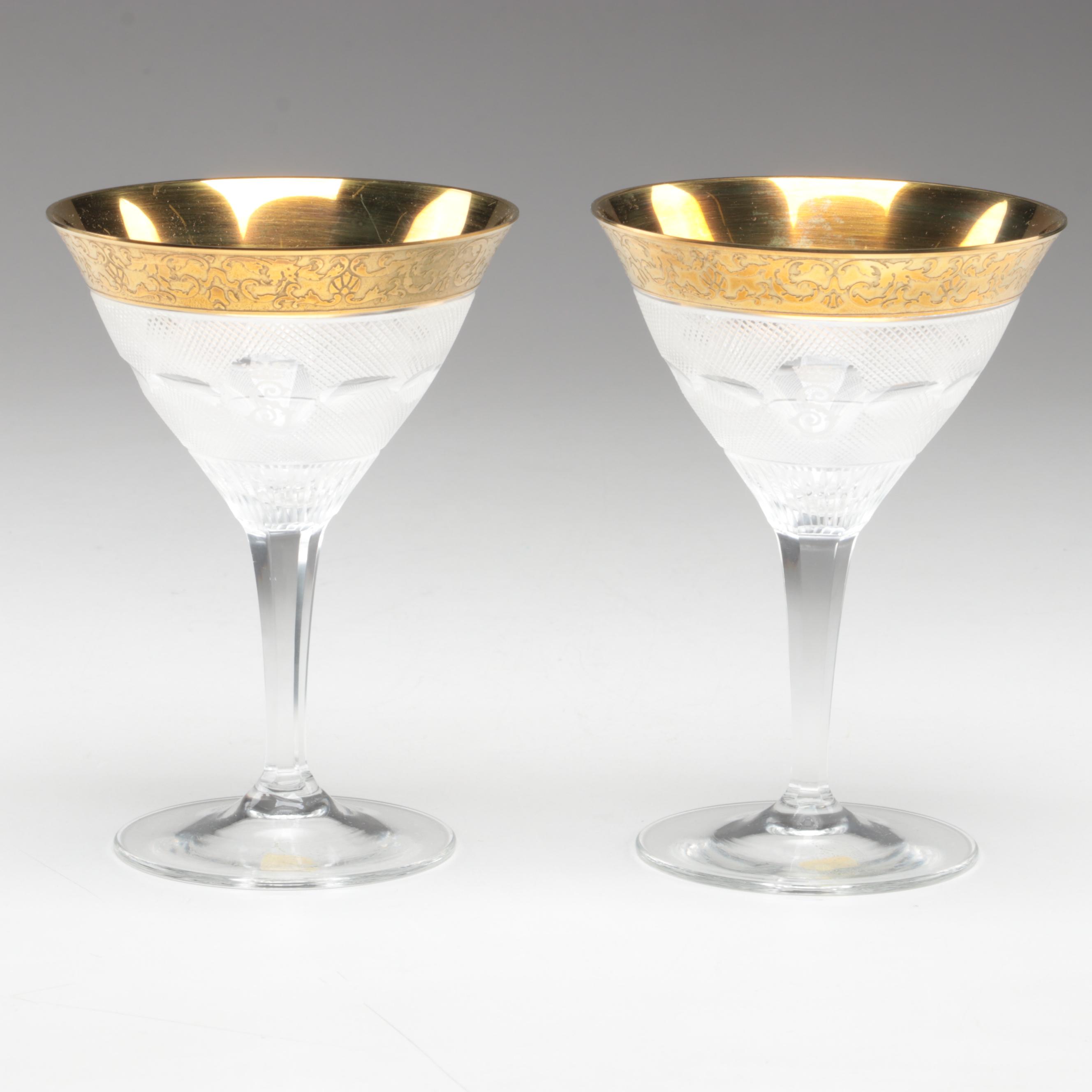 Moser "Splendid" Gilt Encrusted Cut Glass Champagne Coupes and Decanter