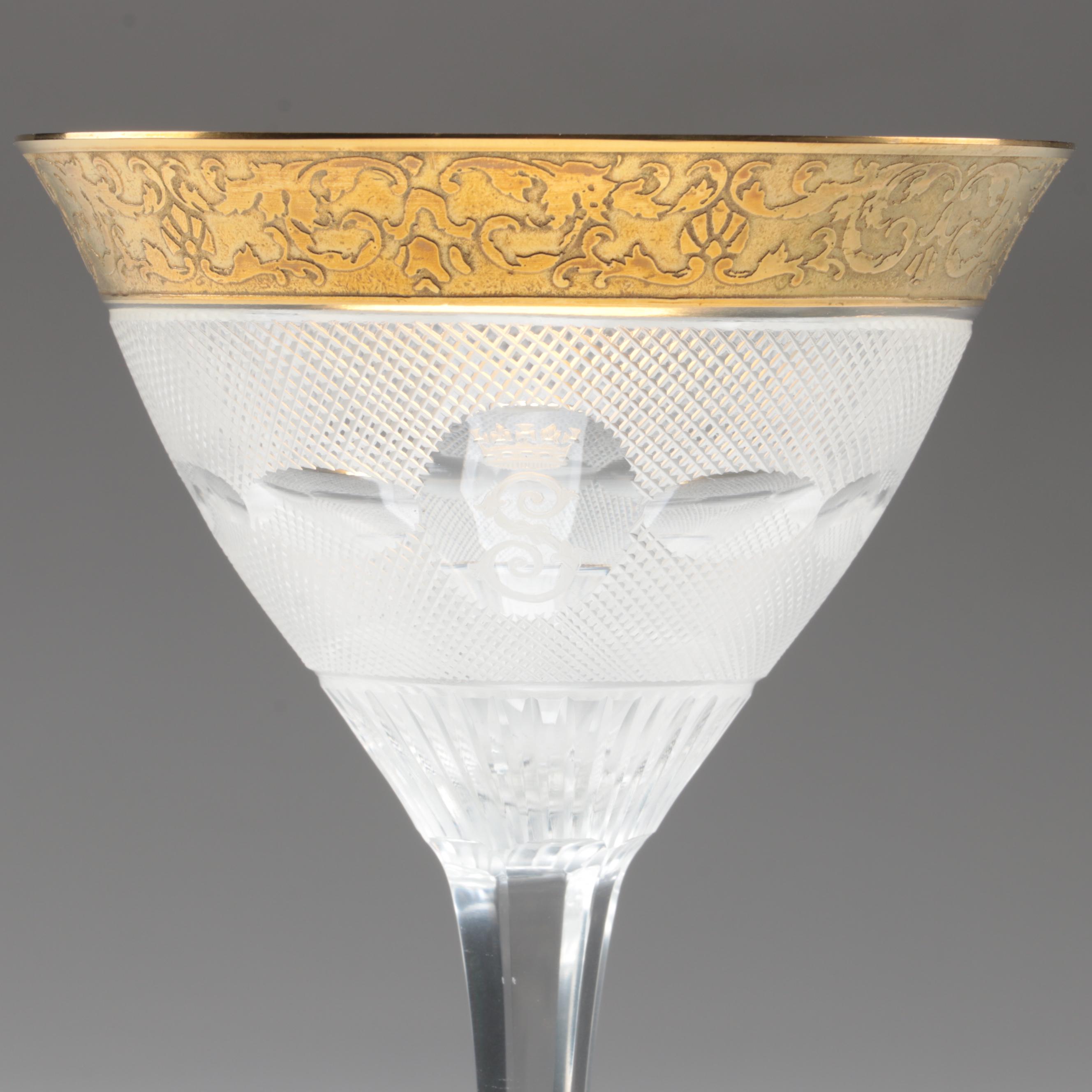 Moser "Splendid" Gilt Encrusted Cut Glass Champagne Coupes and Decanter